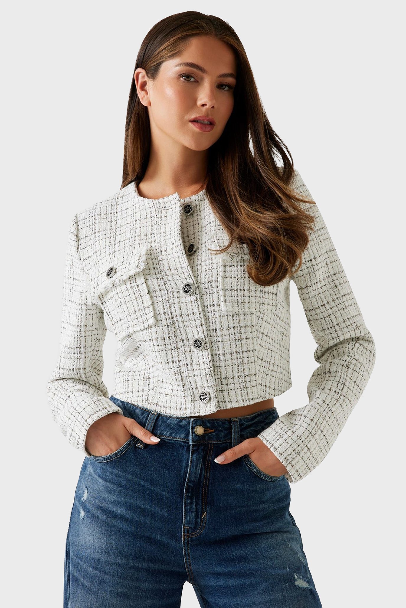 Женский белый твидовый жакет Белый S Guess W5YN44.WHDB2;F0LL Женский белый твидовый жакет Белый S Guess W5YN44.WHDB2;F0LL