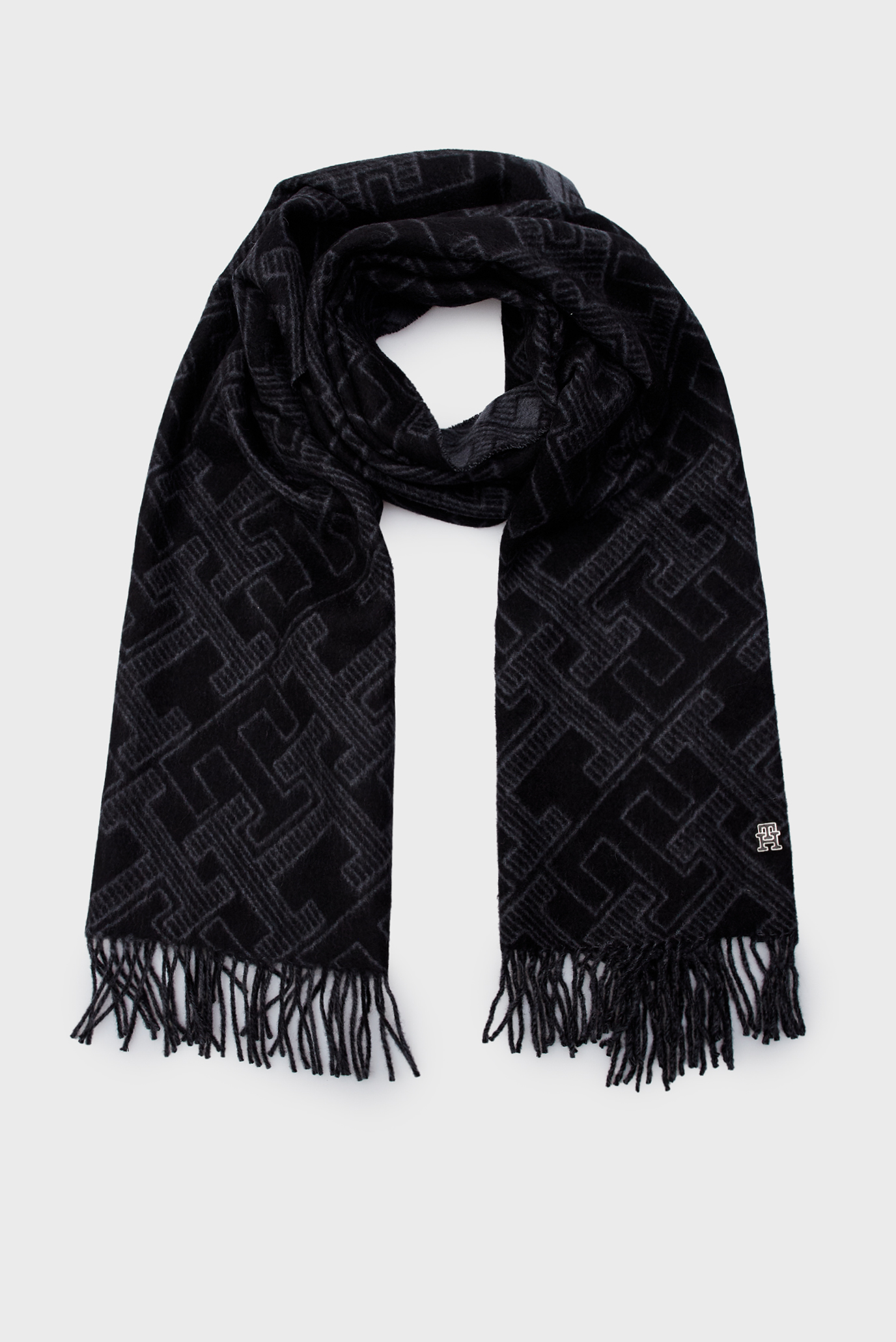 Женский черный шерстяной шарф с узором TH MONOGRAM WOOL SCARF 1