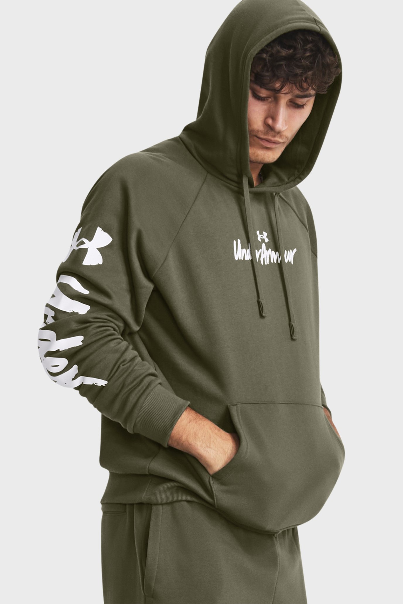 Мужское оливковое худи UA Rival Fleece Graphic HD 1