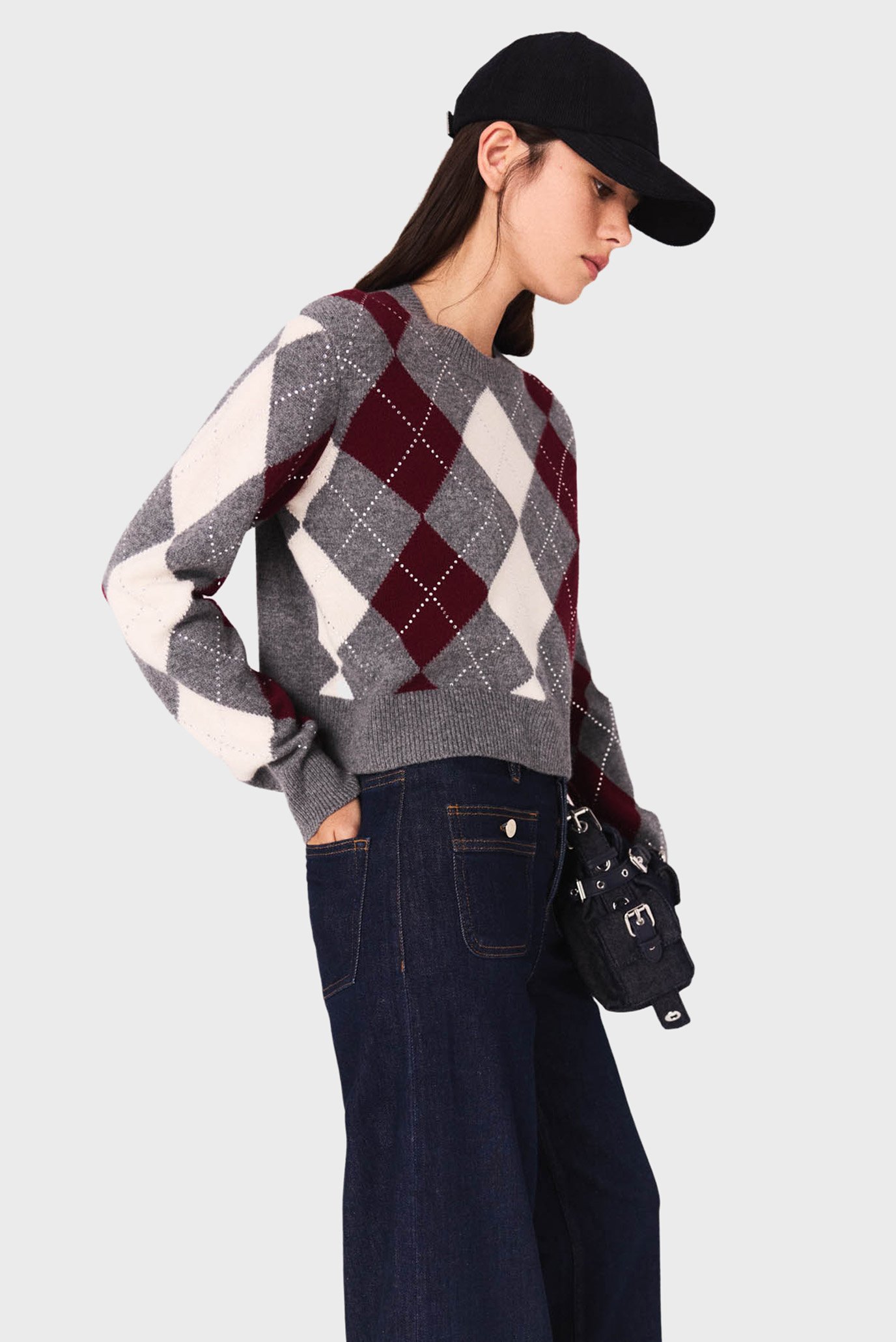 Женский шерстяной джемпер с узором Разноцветный 34 MAJE MFPPU00945_Gray - Burgundy - Ecru Женский шерстяной джемпер с узором Разноцветный 34 MAJE MFPPU00945_Gray - Burgundy - Ecru