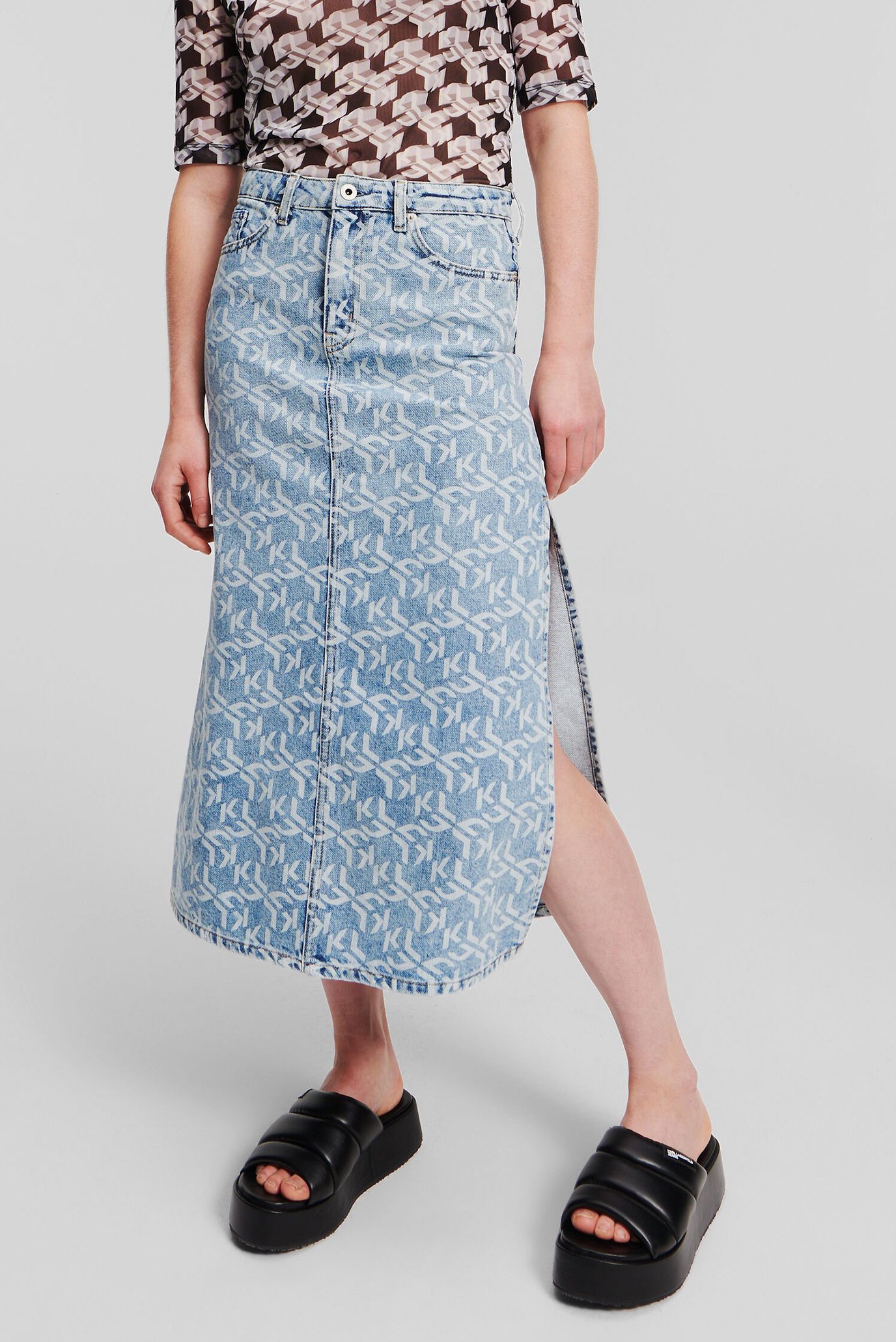 Женская голубая джинсовая юбка с узором KLJ MONOGRAM DENIM MAXI SKIRT 1