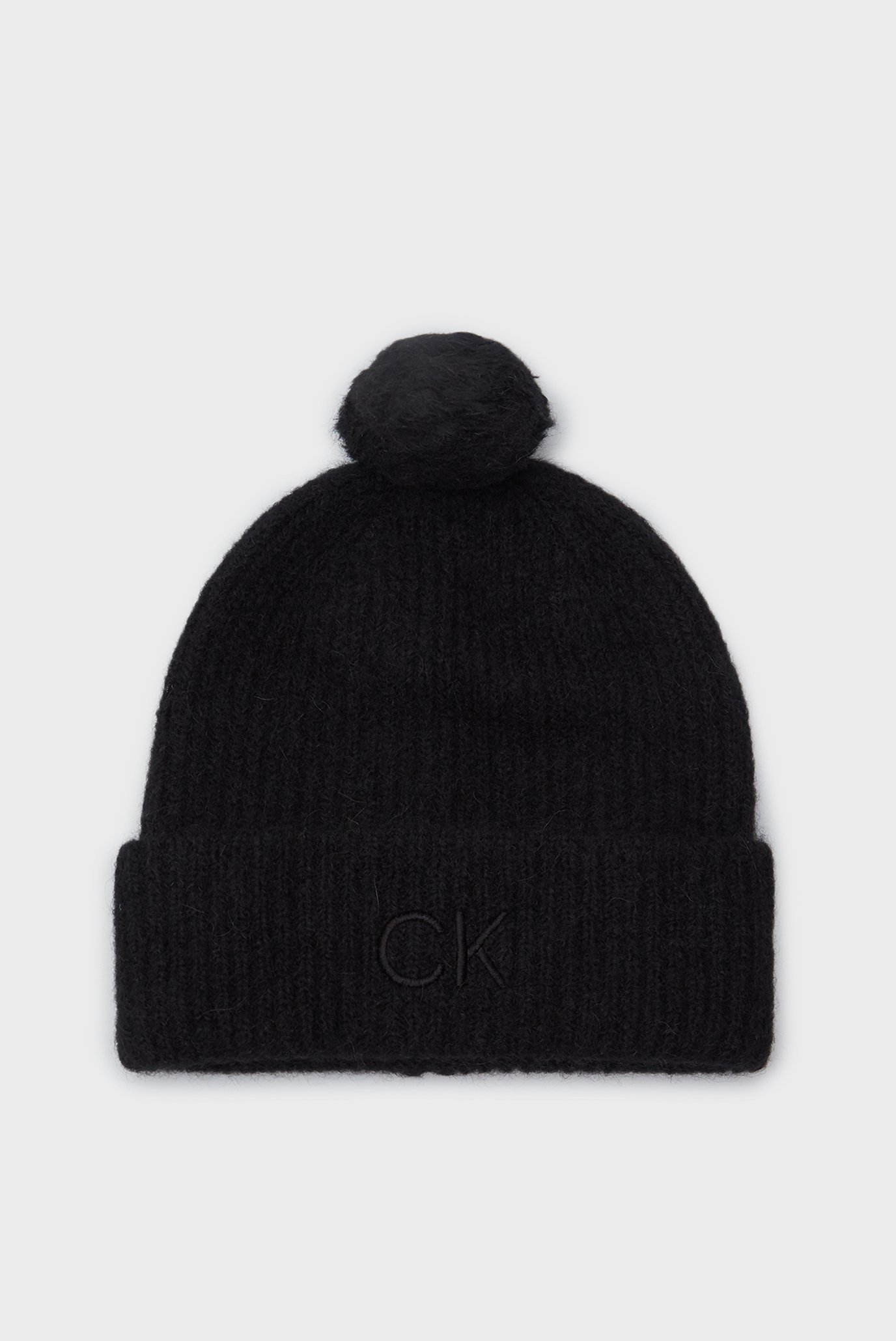 Женская черная шерстяная шапка CK EMBROIDERY AIRY POMPOM BEANIE 1