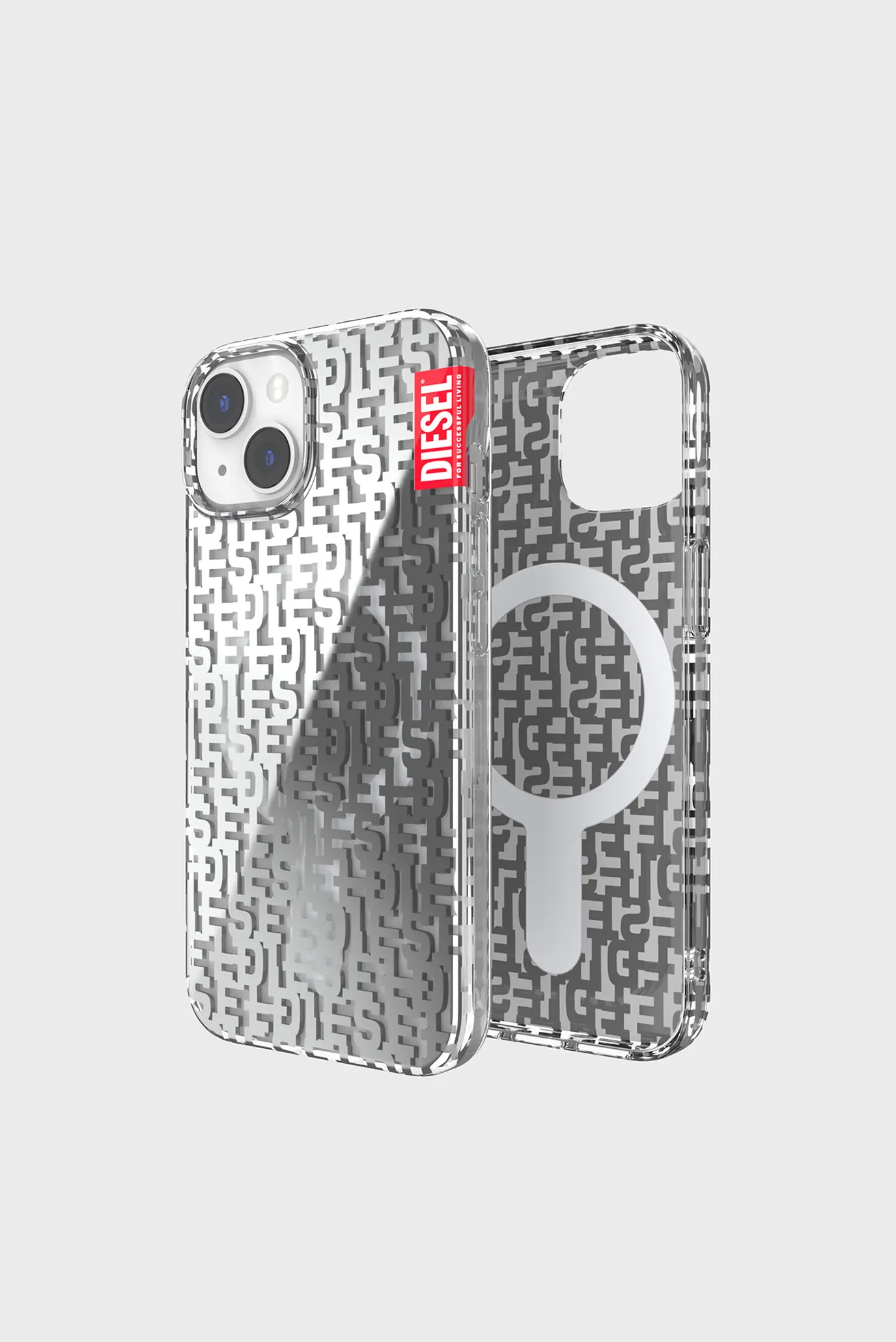 Серый чехол для телефона Diesel Clear Case monogram magsafe for iPhone 14 3