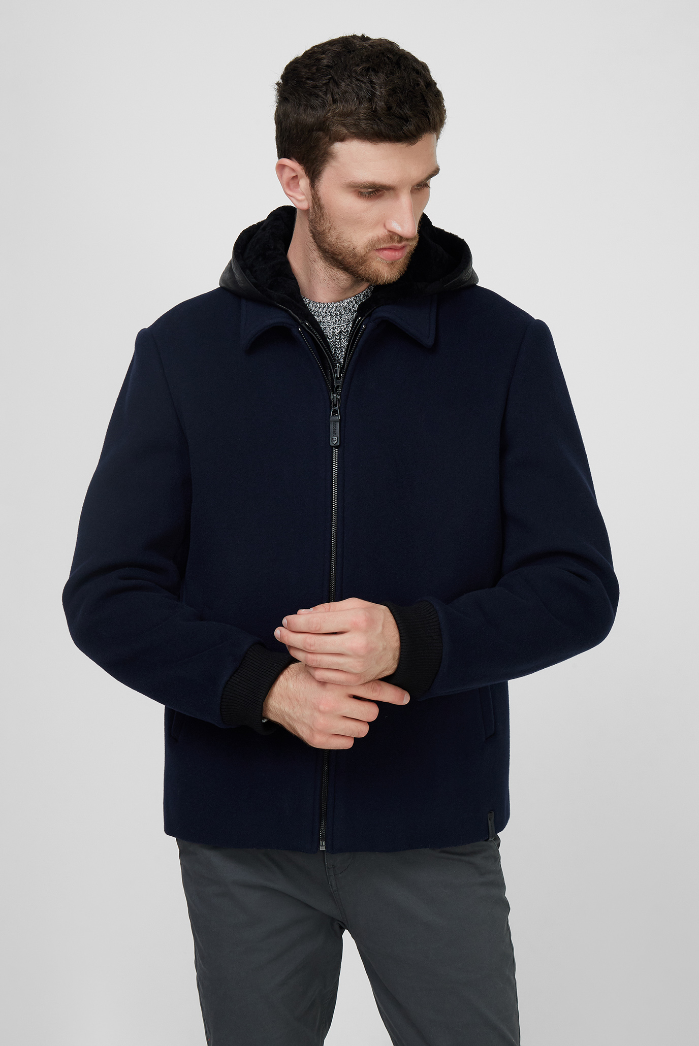 Мужское темно-синее шерстяное пальто 1
