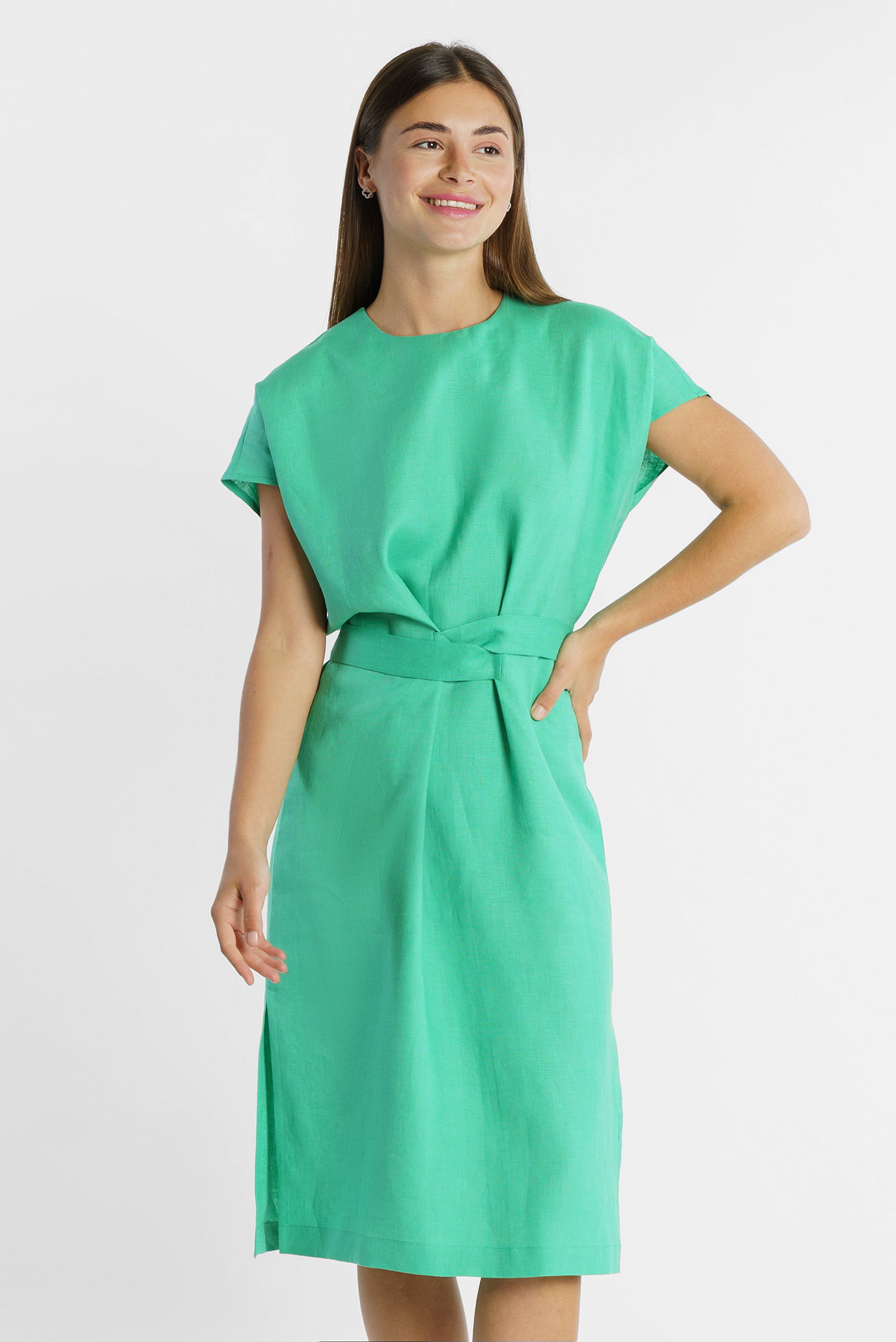 Женское зеленое льняное платье 1