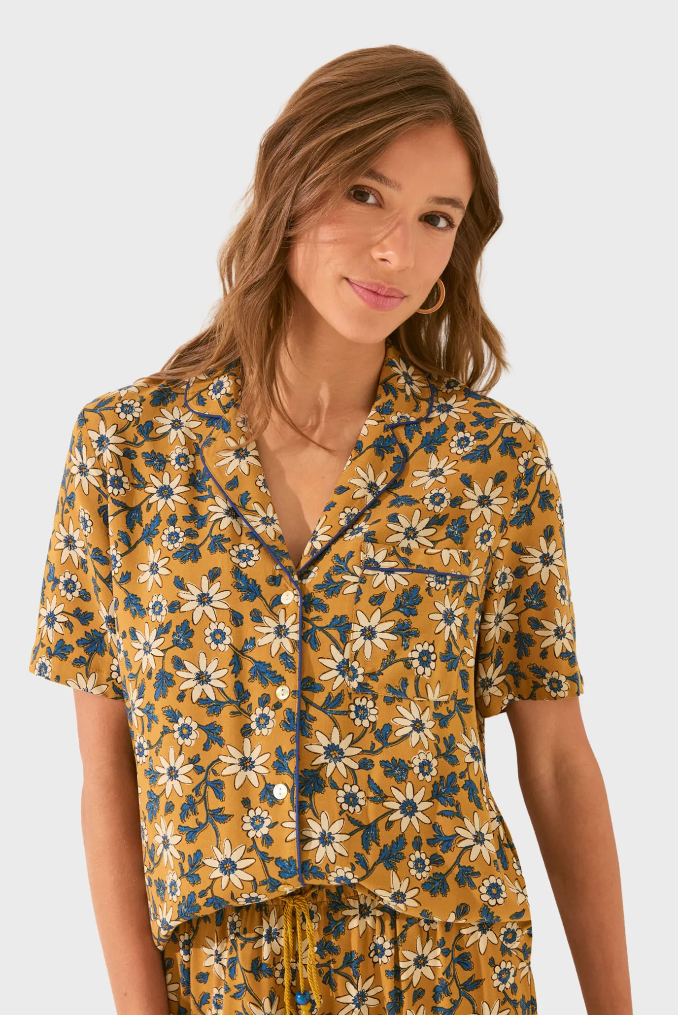 Жіноча гірчична піжама з візерунком (сорочка, брюки) 4