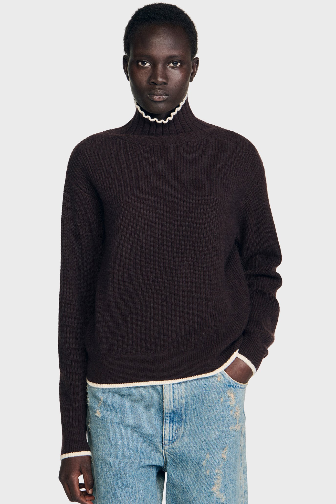 Женский темно-коричневый шерстяной свитер Коричневый 36 Sandro SFPPU02454_Black Brown Женский темно-коричневый шерстяной свитер Коричневый 36 Sandro SFPPU02454_Black Brown