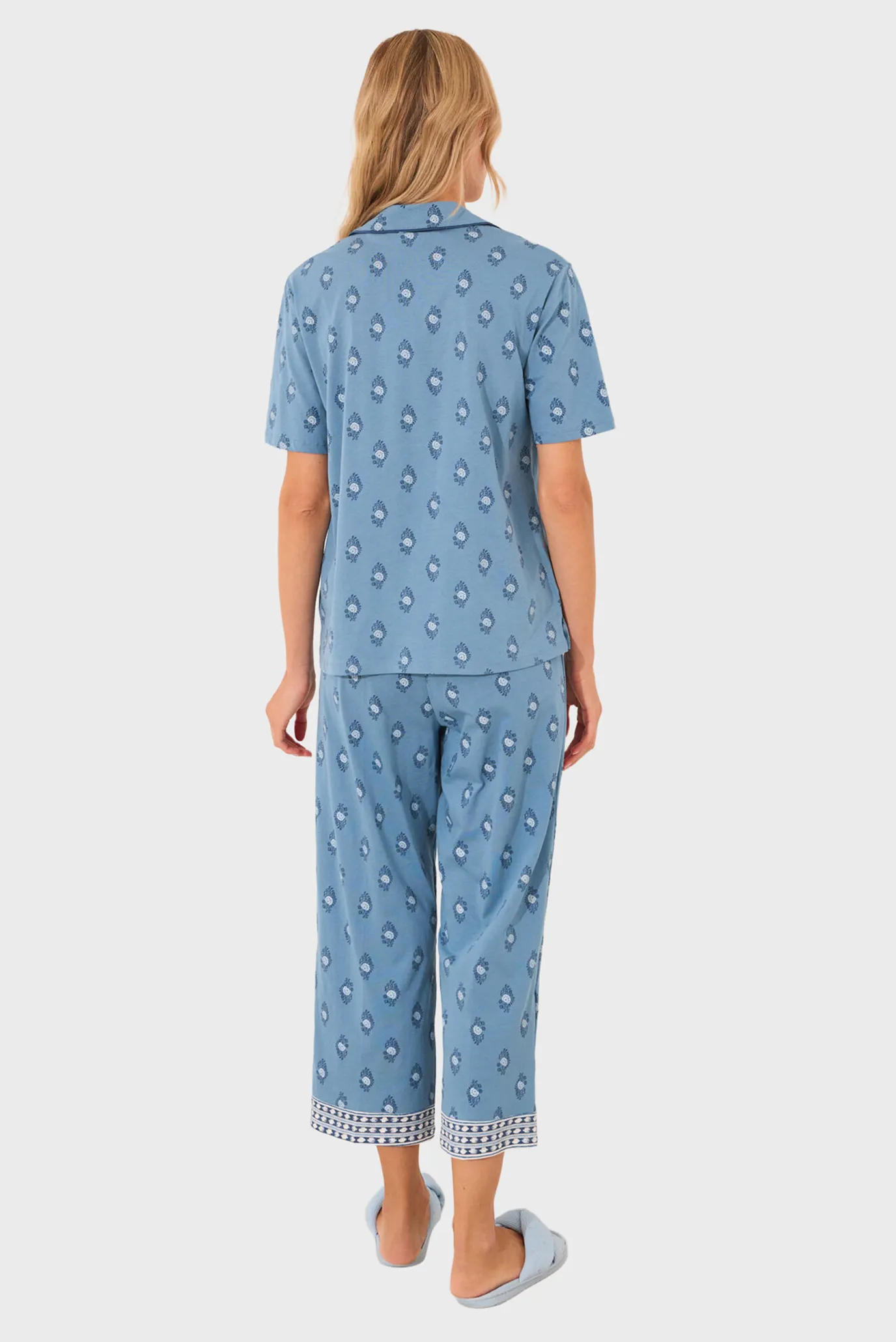 Жіноча синя піжама з візерунком (сорочка, брюки) 3