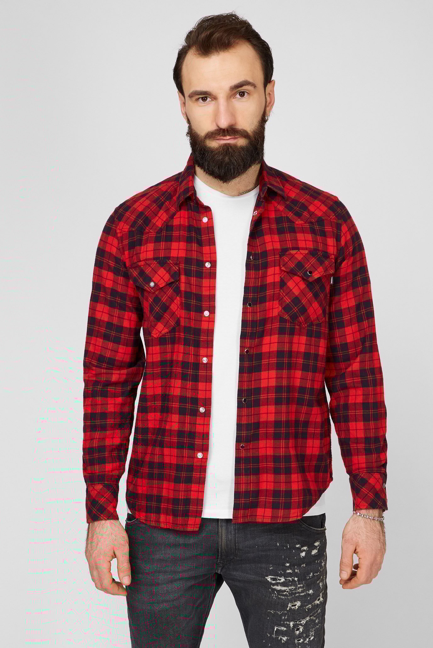 ゆ*た様 Laskey 63D Мужская красная рубашка в клетку S-EAST-LONG-CHK SHIRT