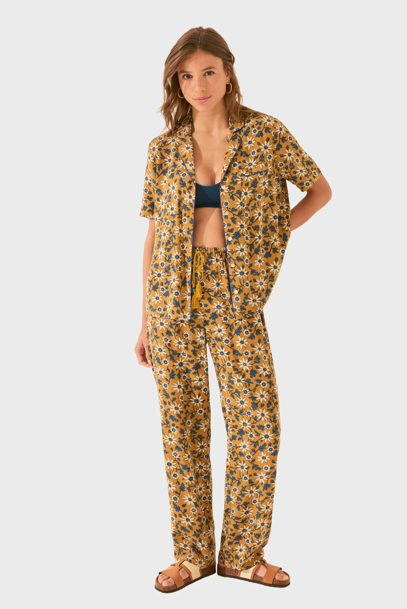 Жіноча гірчична піжама з візерунком (сорочка, брюки) 1