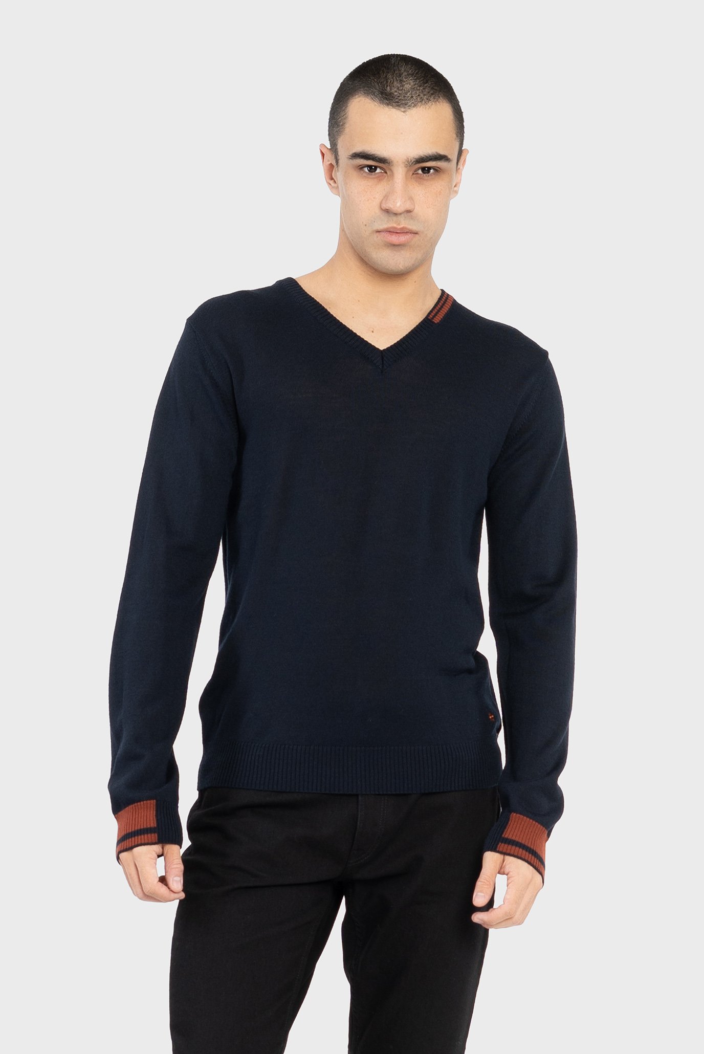 Мужской темно-синий шерстяной пуловер 1