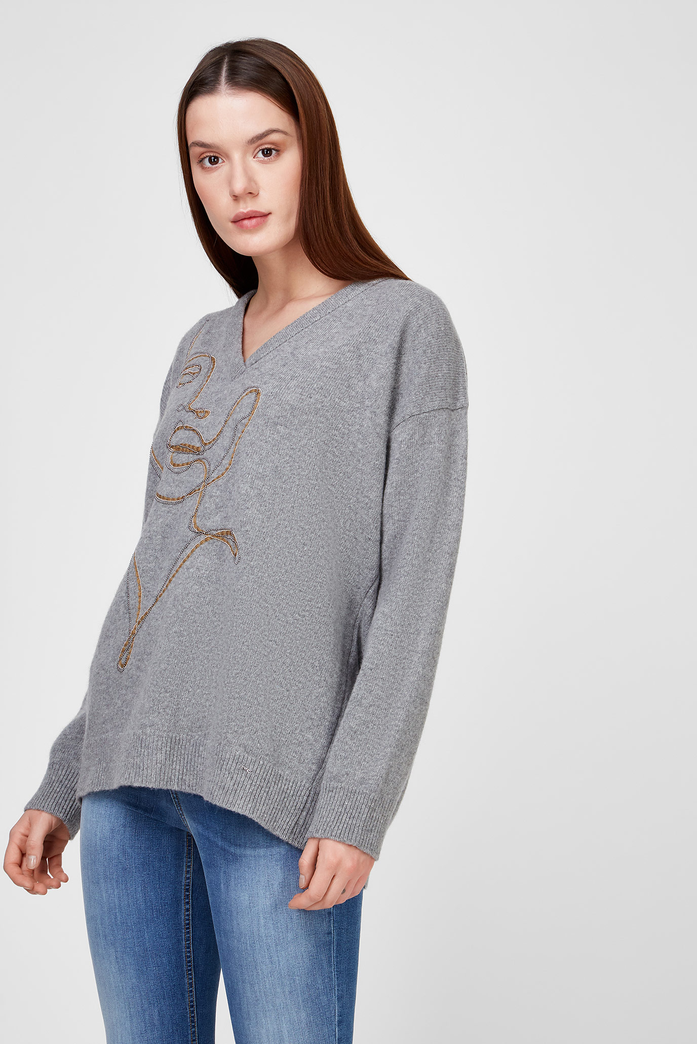 Женский серый шерстяной пуловер 1