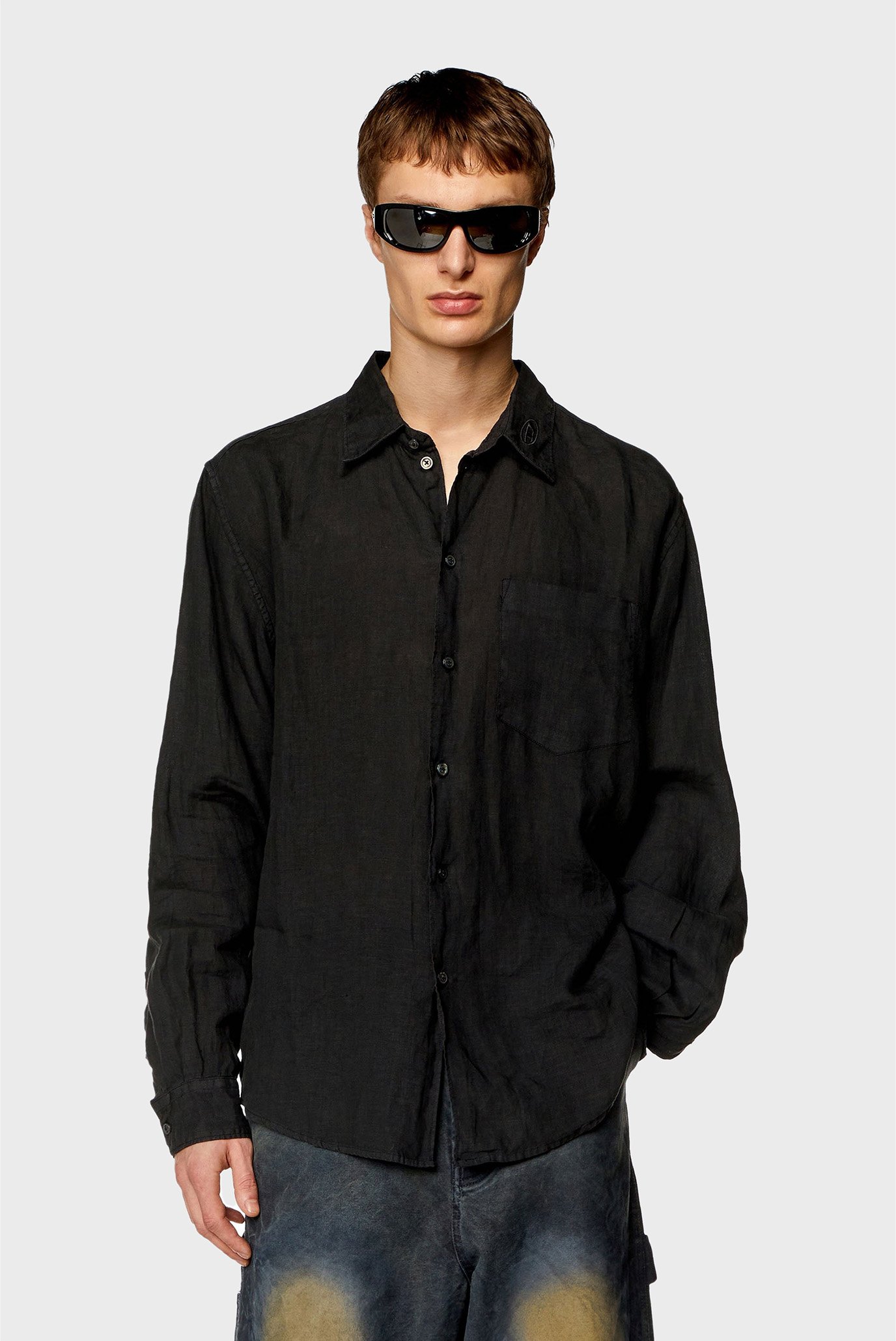 Мужская черная льняная рубашка S-EMIL 1