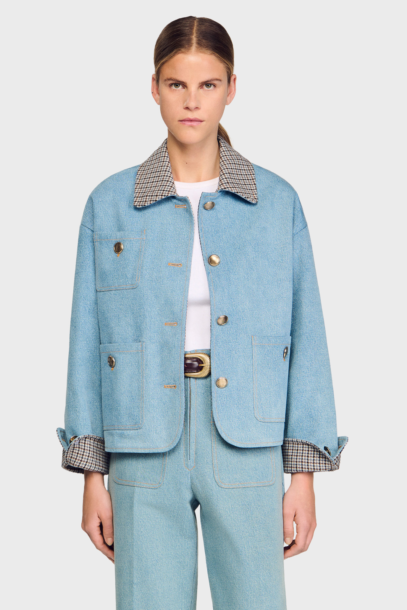 Женская голубая джинсовая куртка Голубой 38 Sandro SFPBL01165_Blue Jean Женская голубая джинсовая куртка Голубой 38 Sandro SFPBL01165_Blue Jean