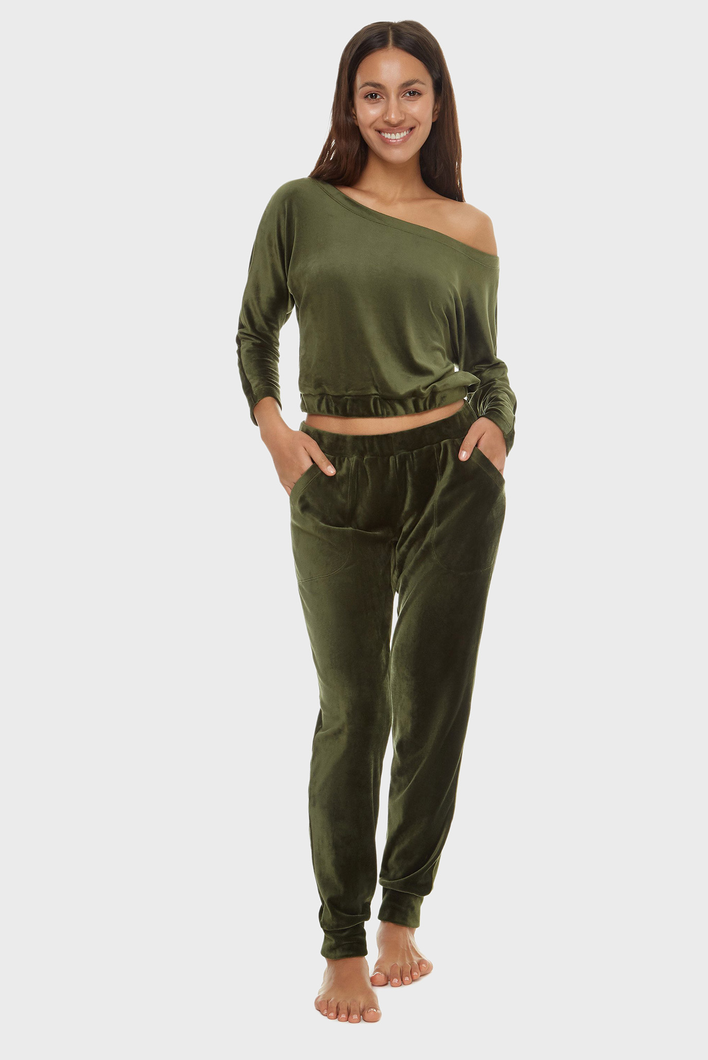 Женский зеленый велюровый комплект одежды (топ, брюки) 1