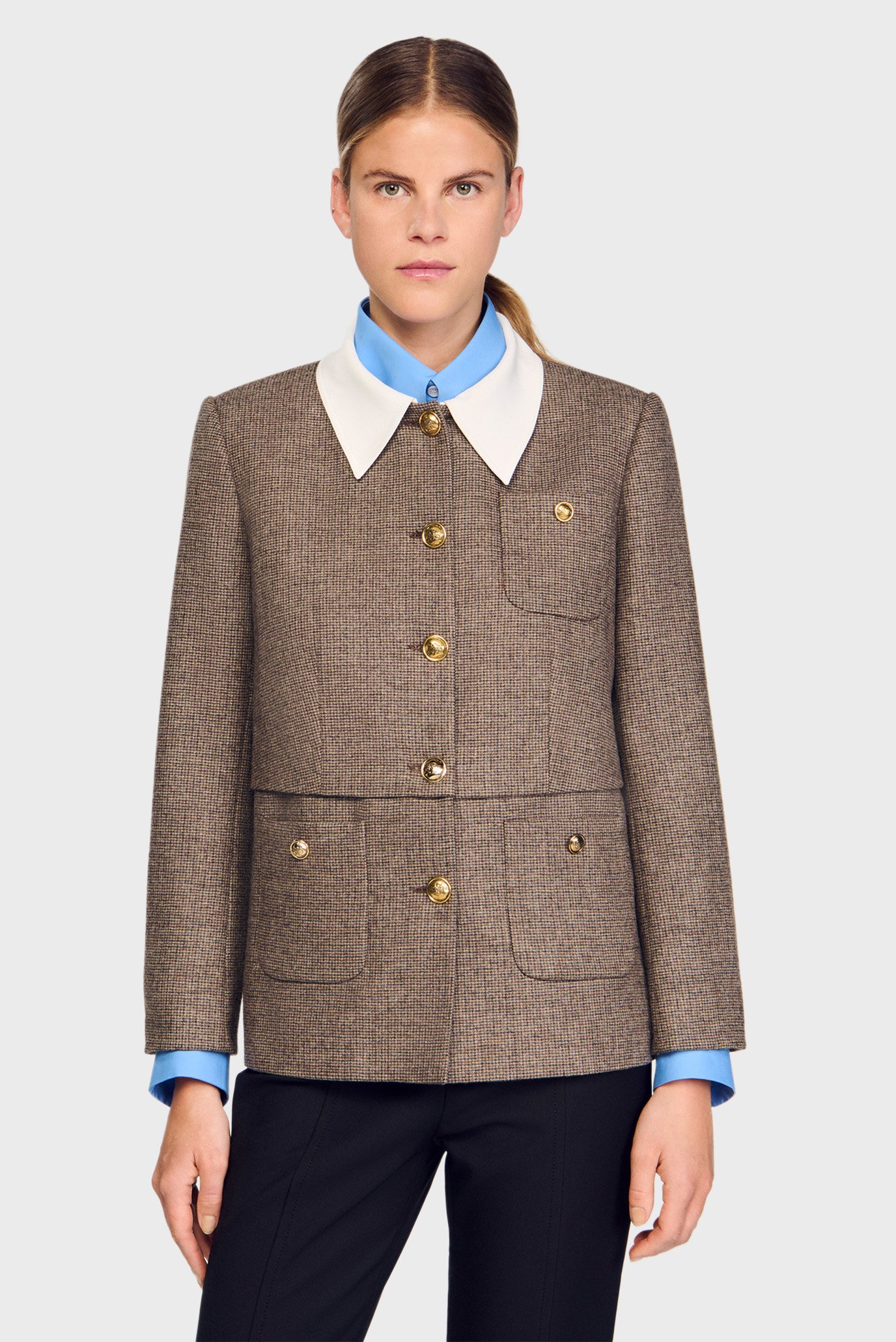 Женский бежевый жакет с узором Бежевый 36 Sandro SFPVE01235_Brown Женский бежевый жакет с узором Бежевый 36 Sandro SFPVE01235_Brown