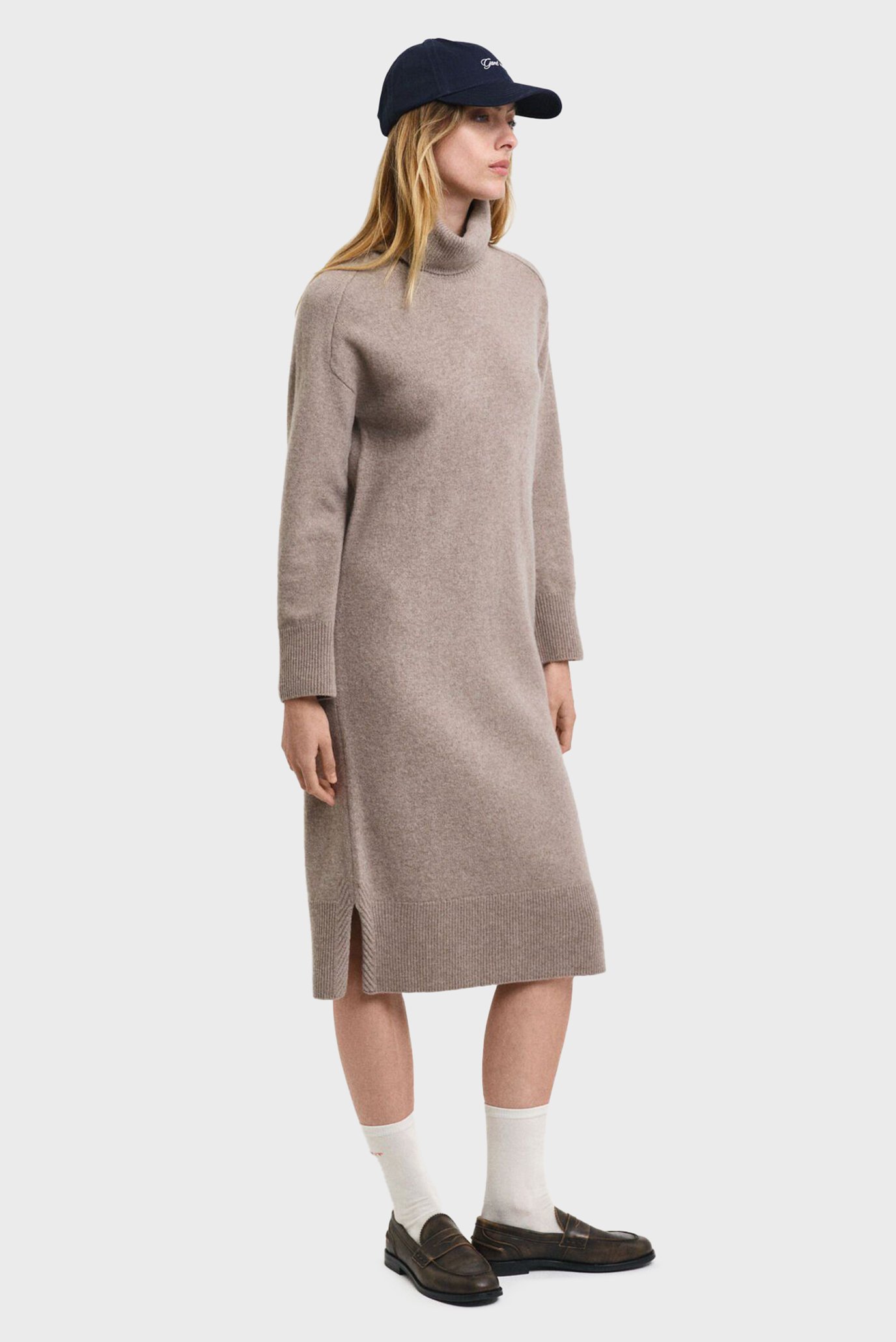 Женское бежевое шерстяное платье HERRINGBONE DETAIL ROLLNECK DRESS 1