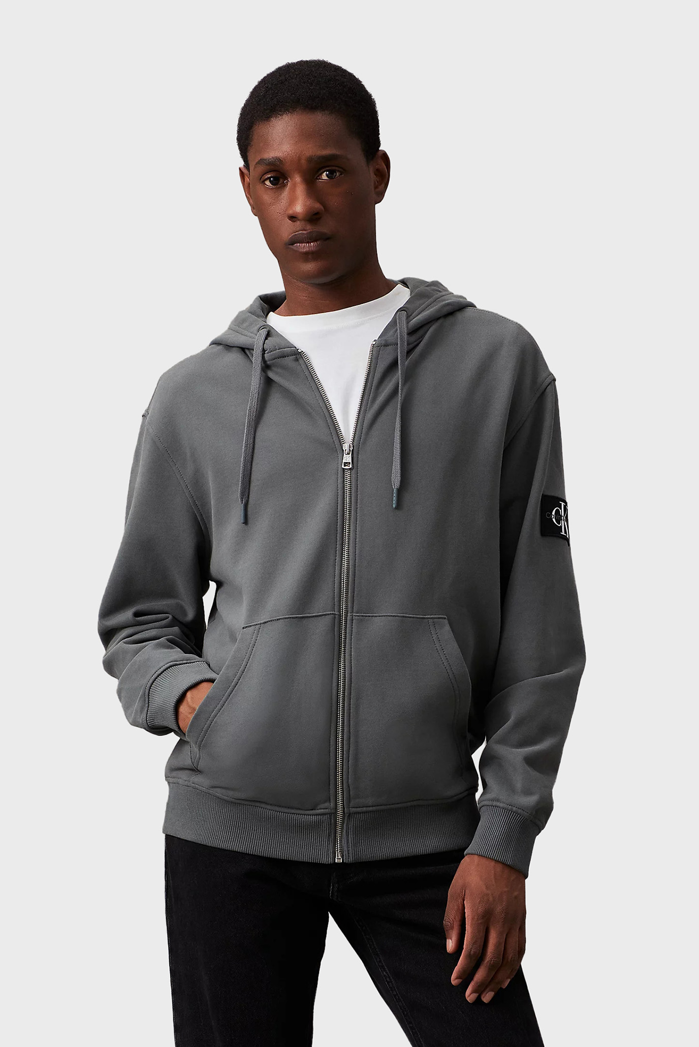 Мужское серое худи BADGE ZIP THROUGH HOODIE 1