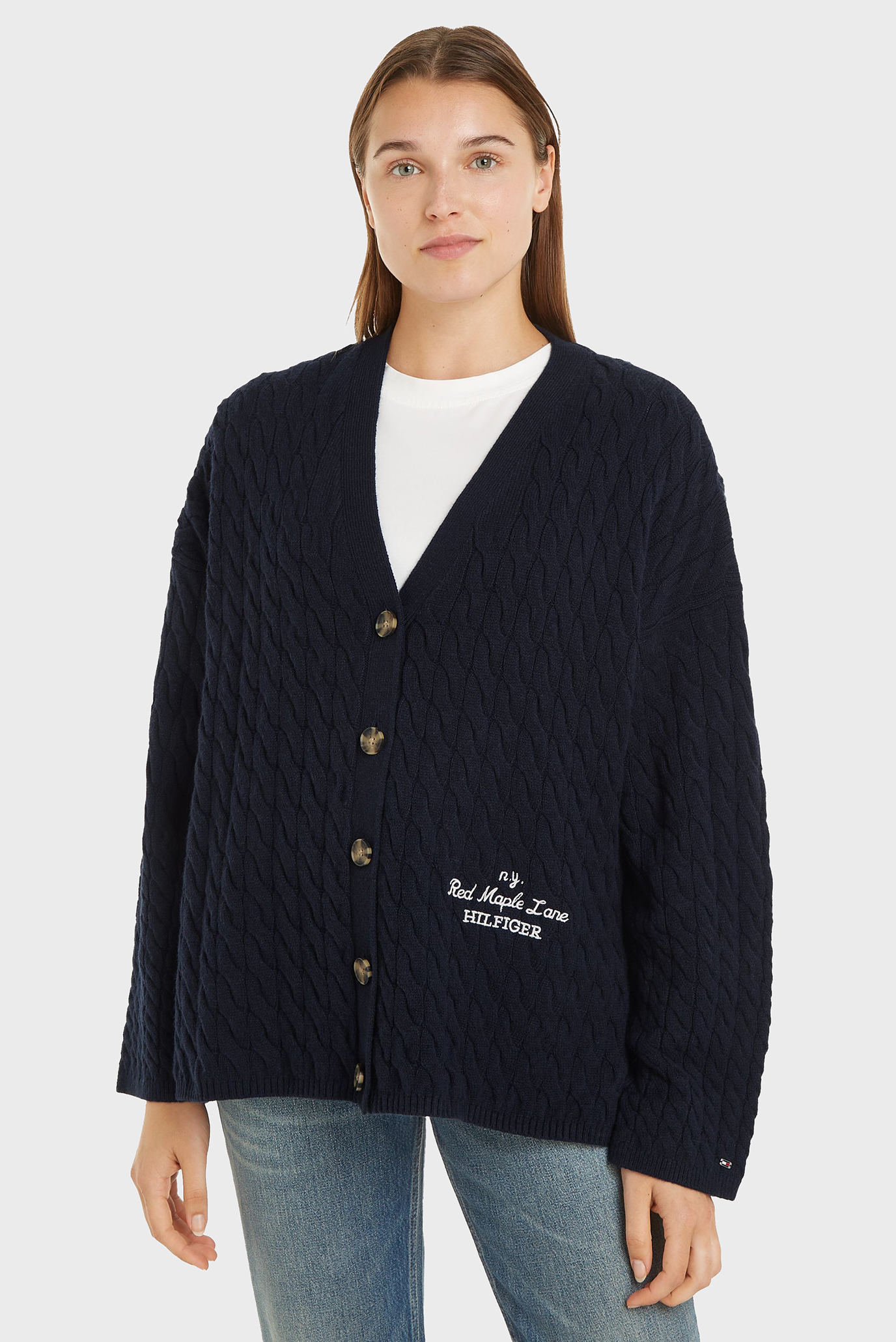 Женский темно-синий шерстяной кардиган WOOL BLEND CABLE V-NK Синий S-M Tommy Hilfiger WW0WW42143 Женский темно-синий шерстяной кардиган WOOL BLEND CABLE V-NK Синий S-M Tommy Hilfiger WW0WW42143