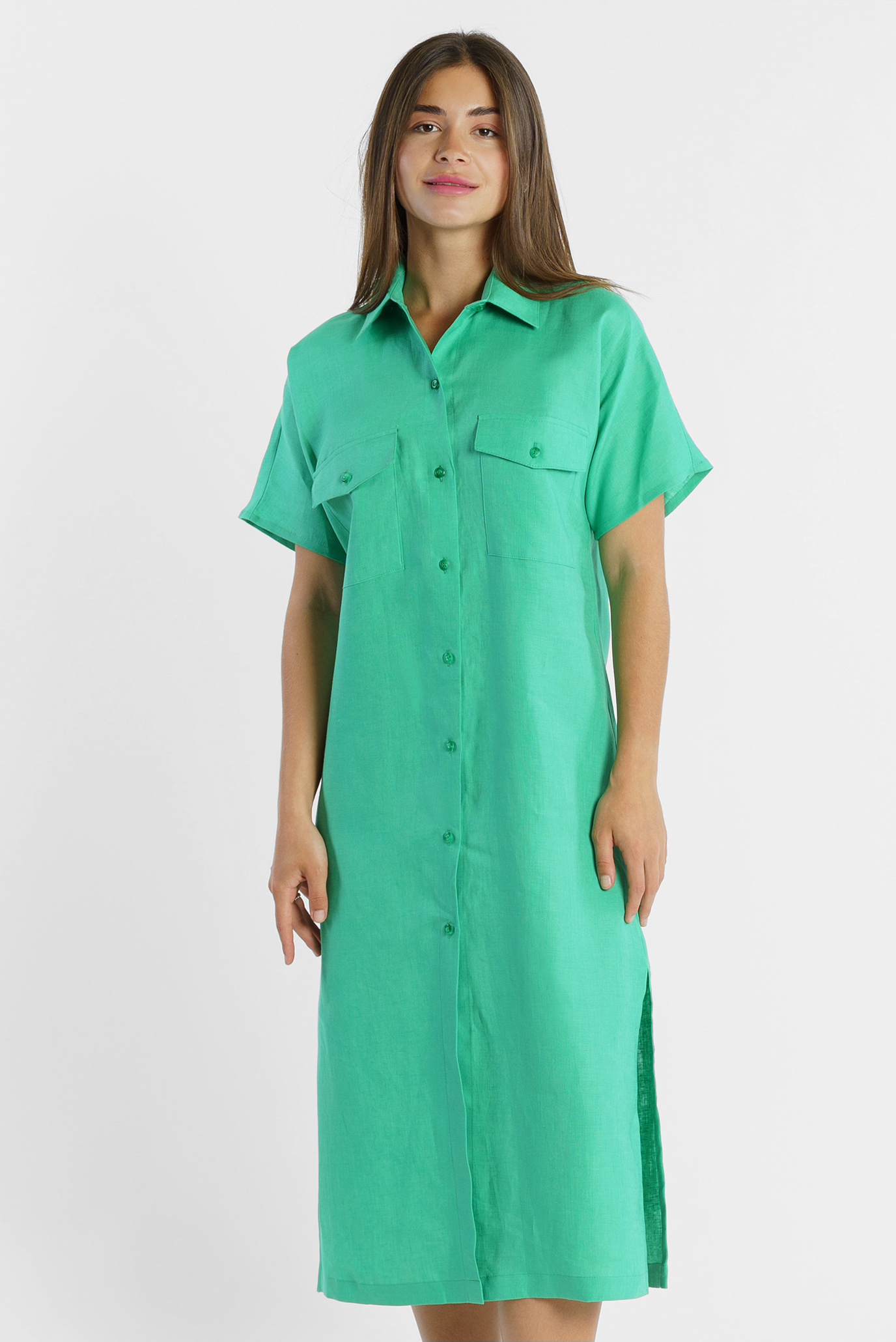 Женское зеленое льняное платье 1