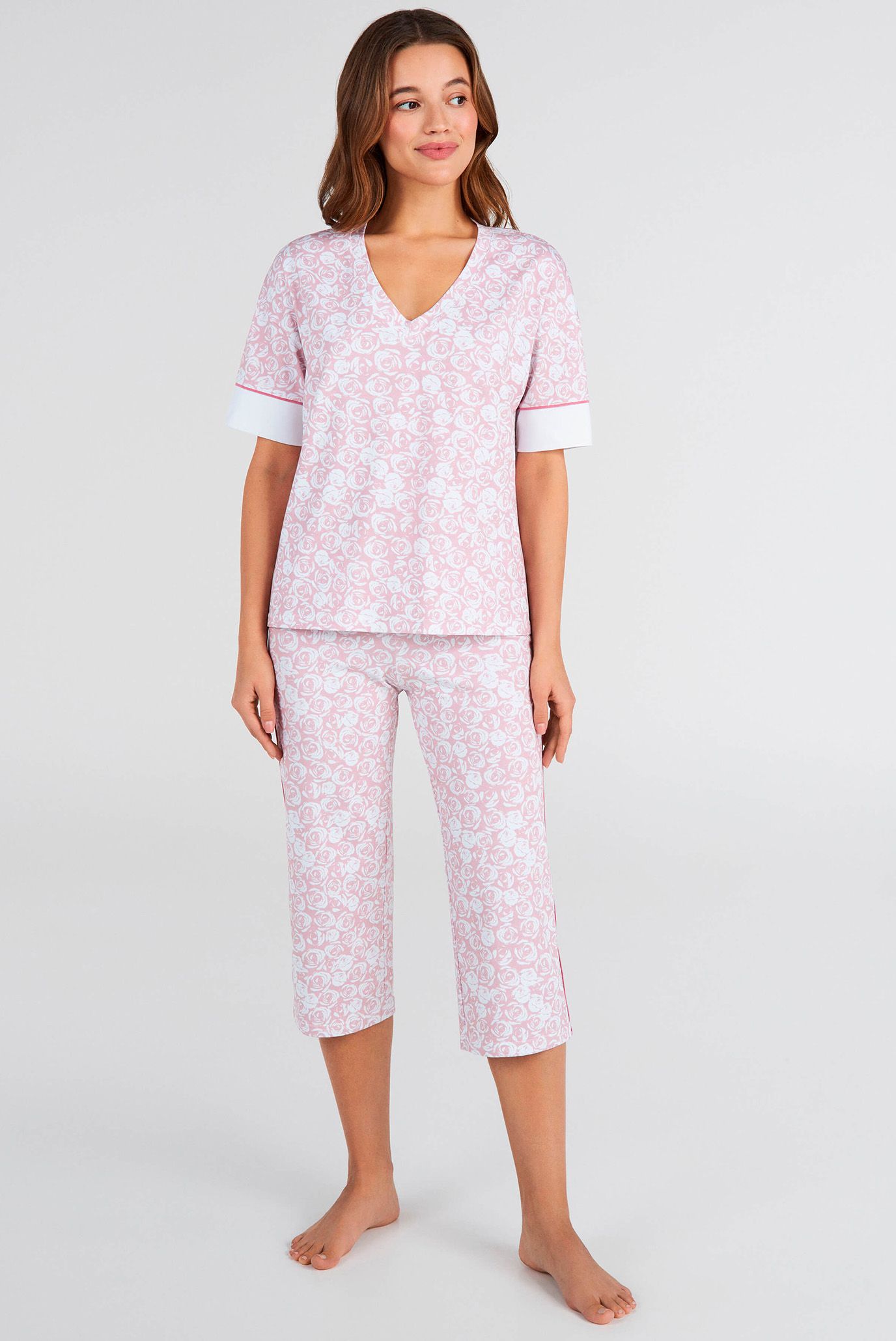 Жіноча рожева піжама з візерунком (футболка, брюки) 1