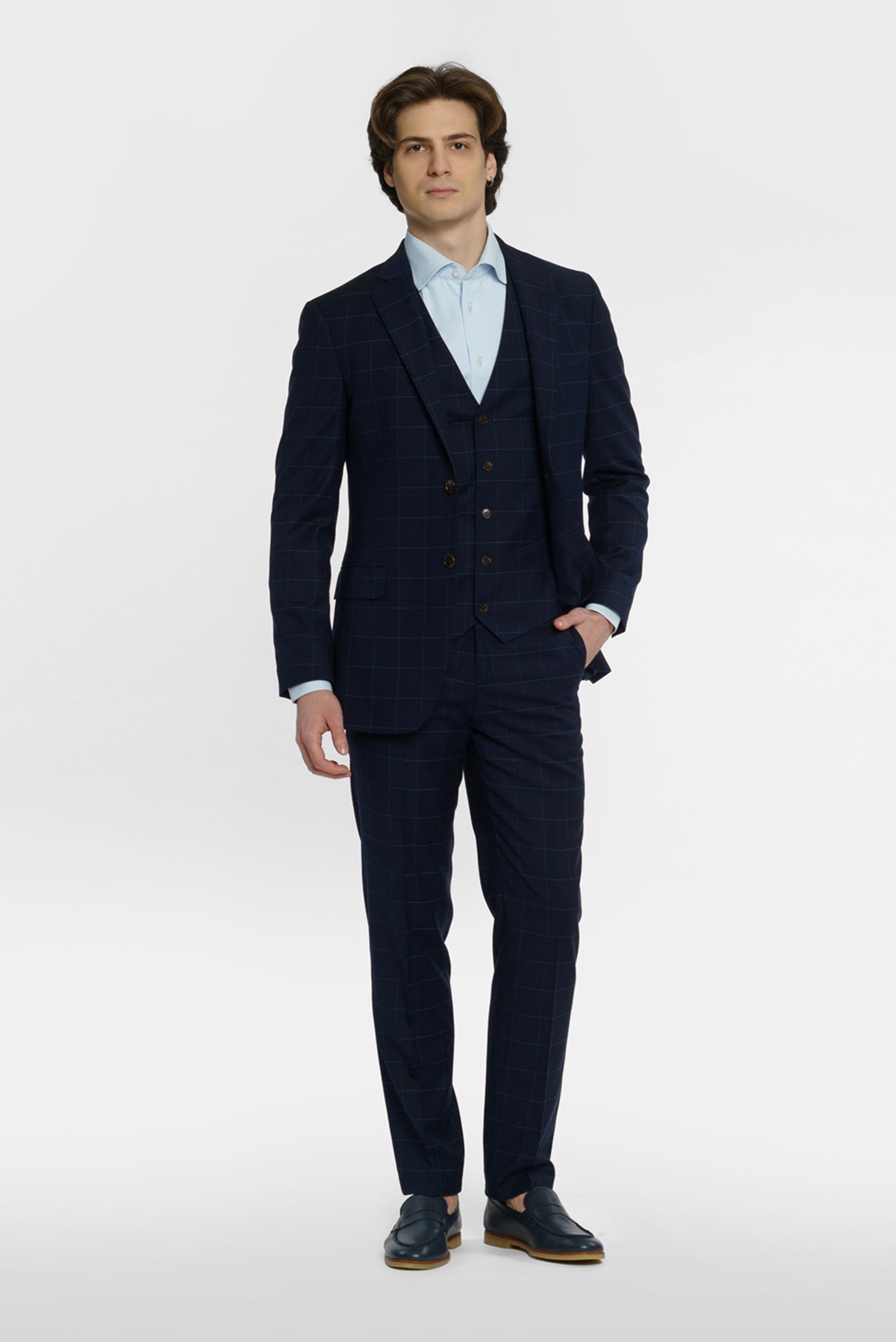 Чоловічий темно-синій картатий костюм (піджак, брюки) 1
