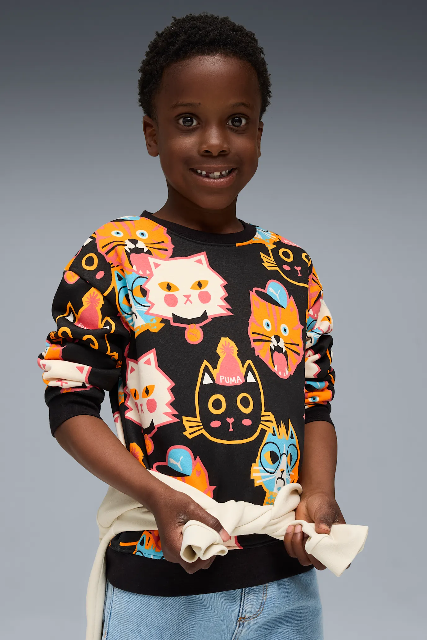 Дитячий чорний світшот з візерунком Moody Cat Crew Kids 1