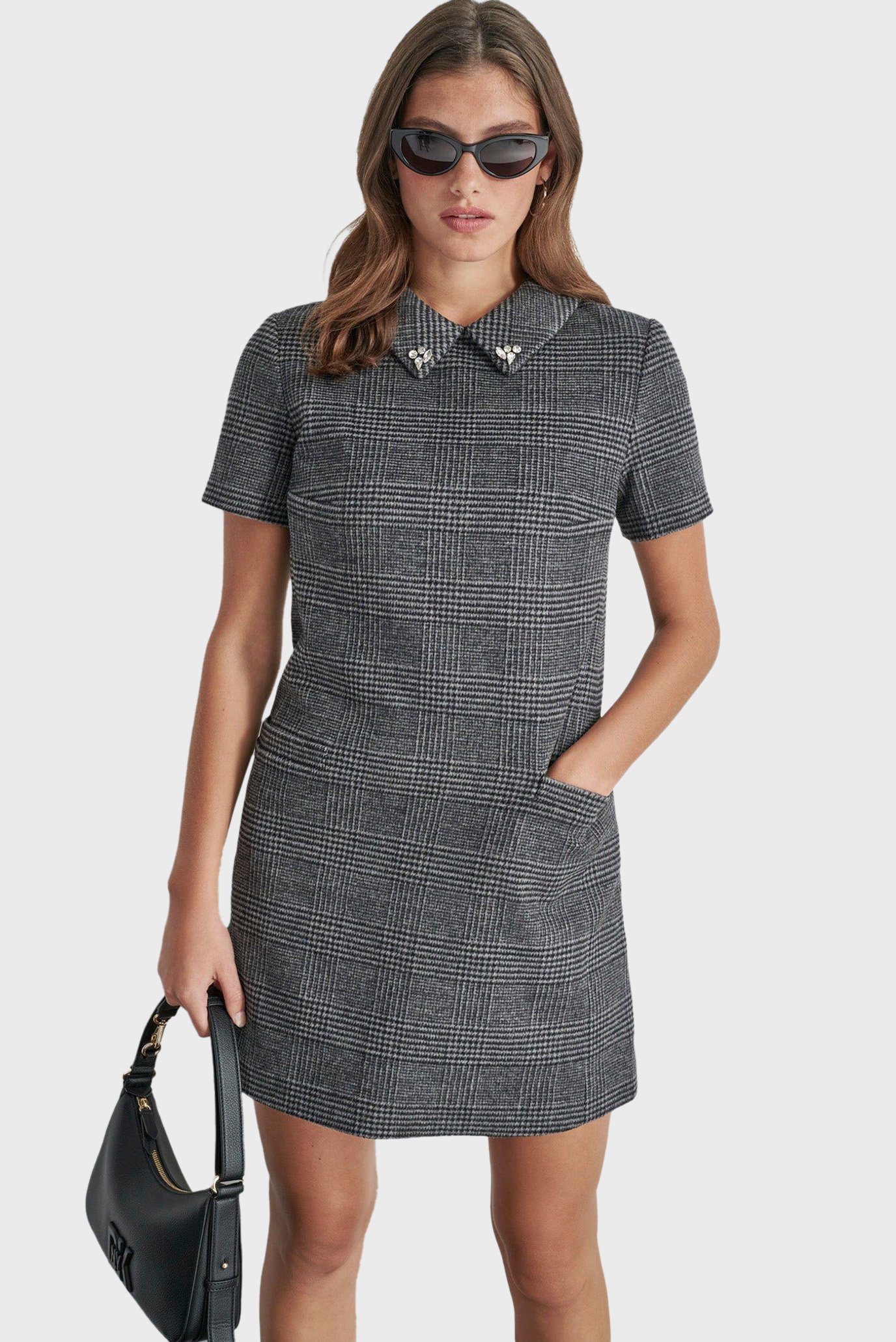 Женское серое шерстяное платье в клетку Серый S DKNY D2G4A190 Женское серое шерстяное платье в клетку Серый S DKNY D2G4A190