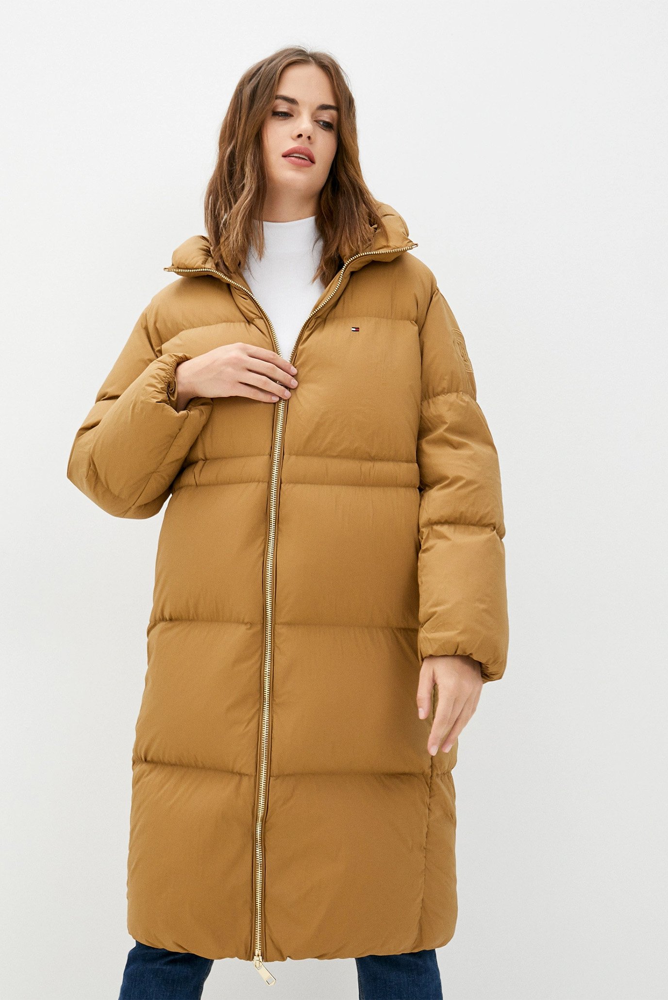 Женский горчичный пуховик NYLON DOWN PUFFER MAXI COAT 1