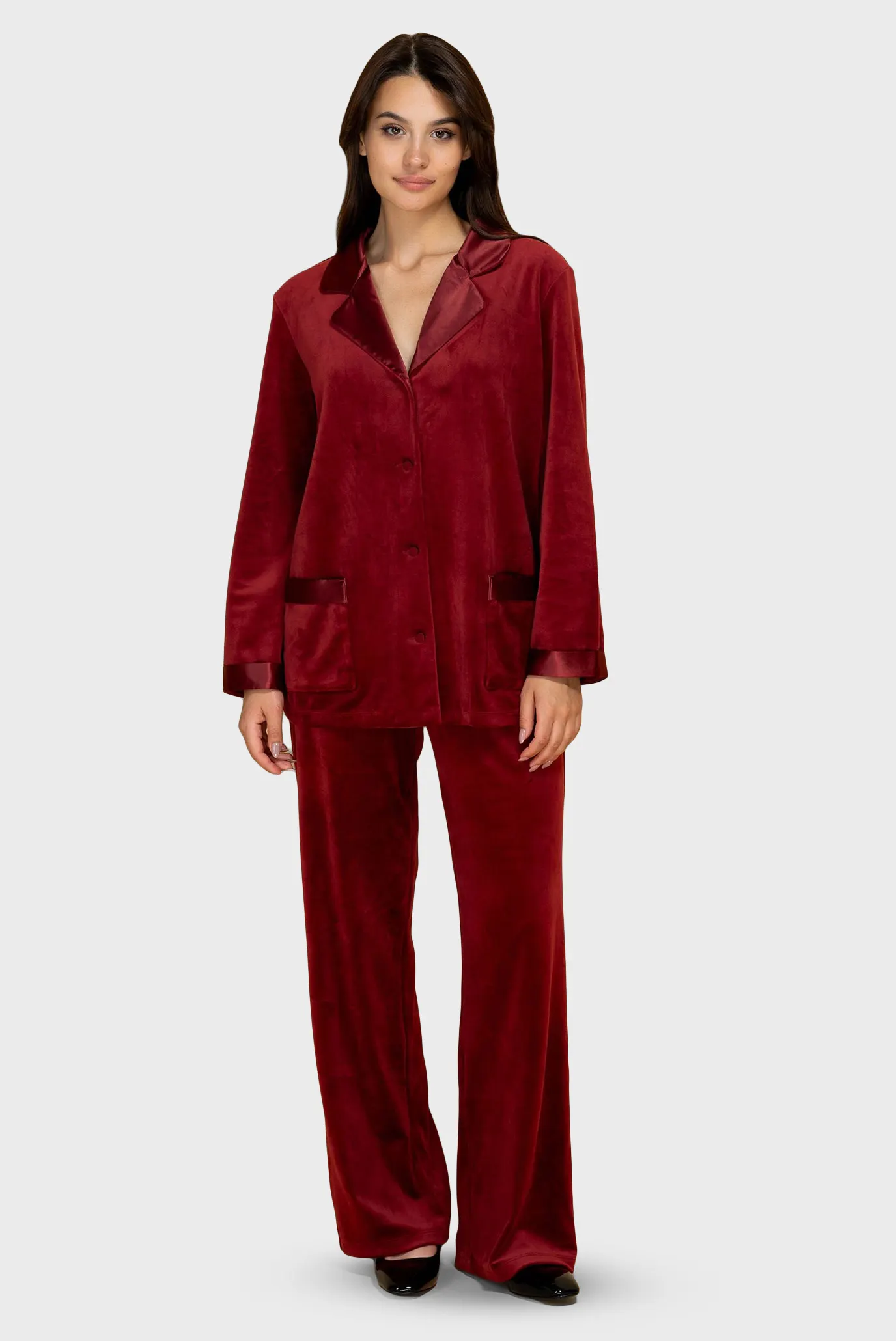 Жіночий бордовий велюровий костюм (сорочка, брюки) 1