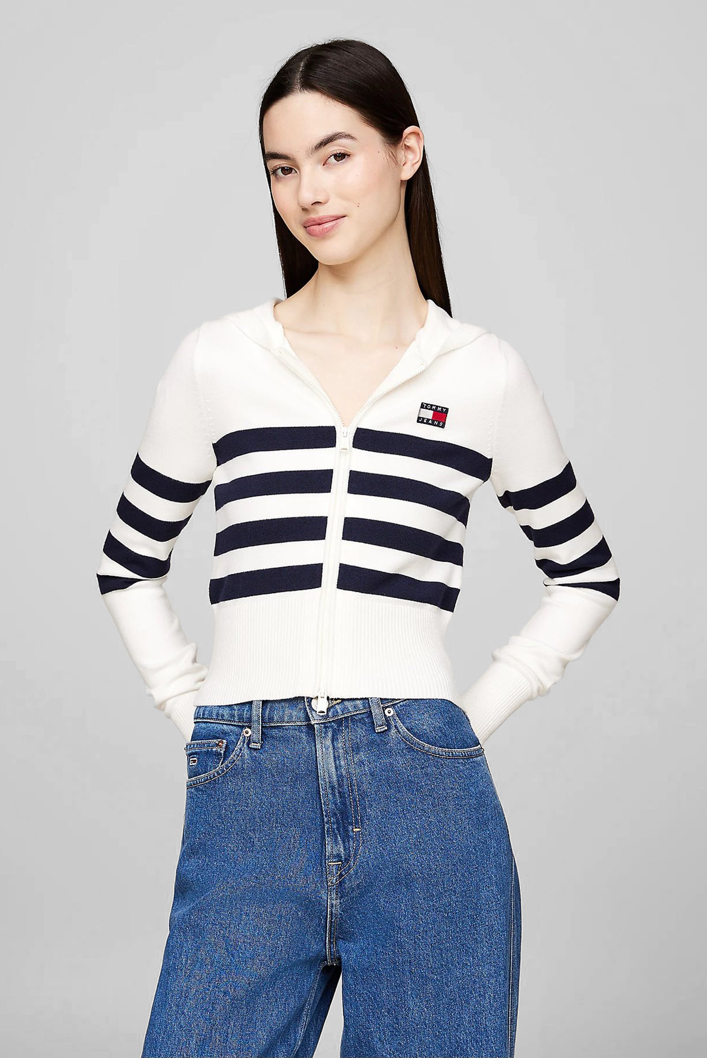 Женское белое худи в полоску TJW STRIPE ZIP THRU BADGE HOOD 1