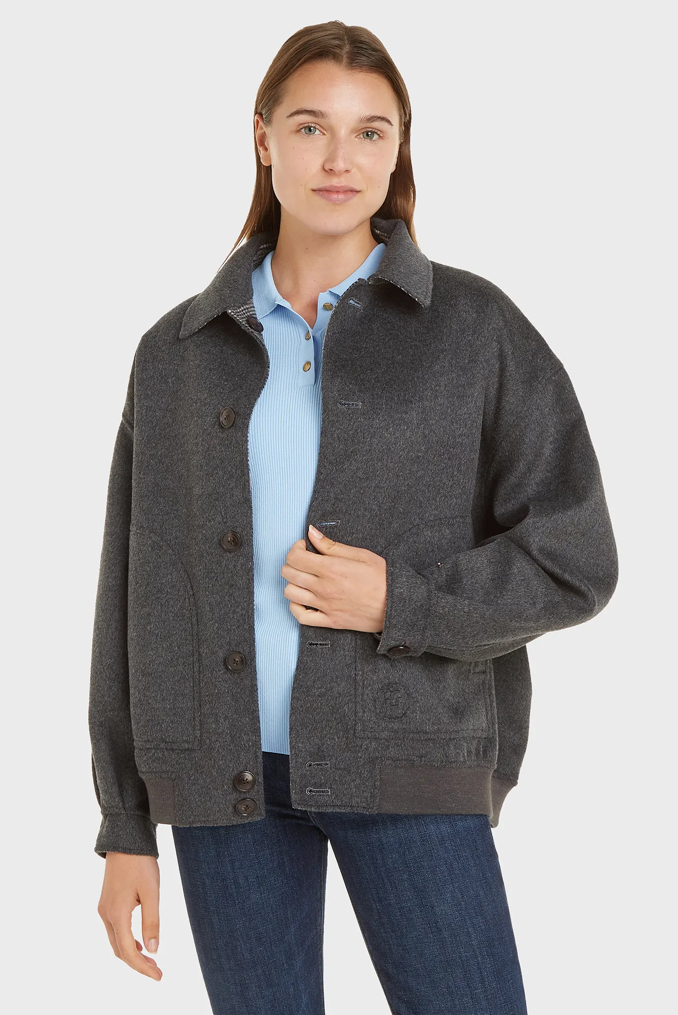 Жіноче сіре вовняне двостороннє пальто MD DF WOOL REVERSIBLE CHECK JKT 2