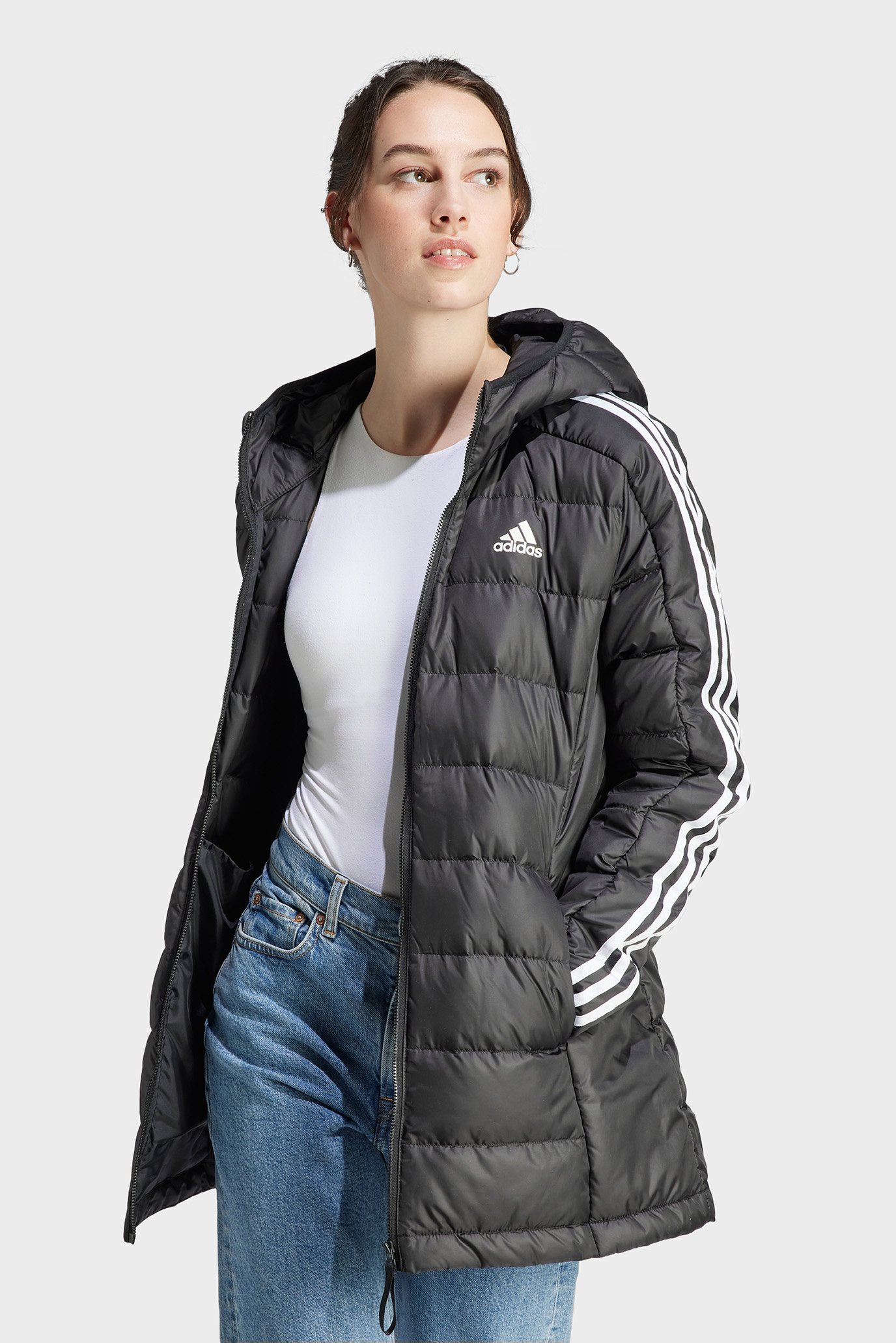 Женский черный пуховик Essentials 3-Stripes Light Down 1