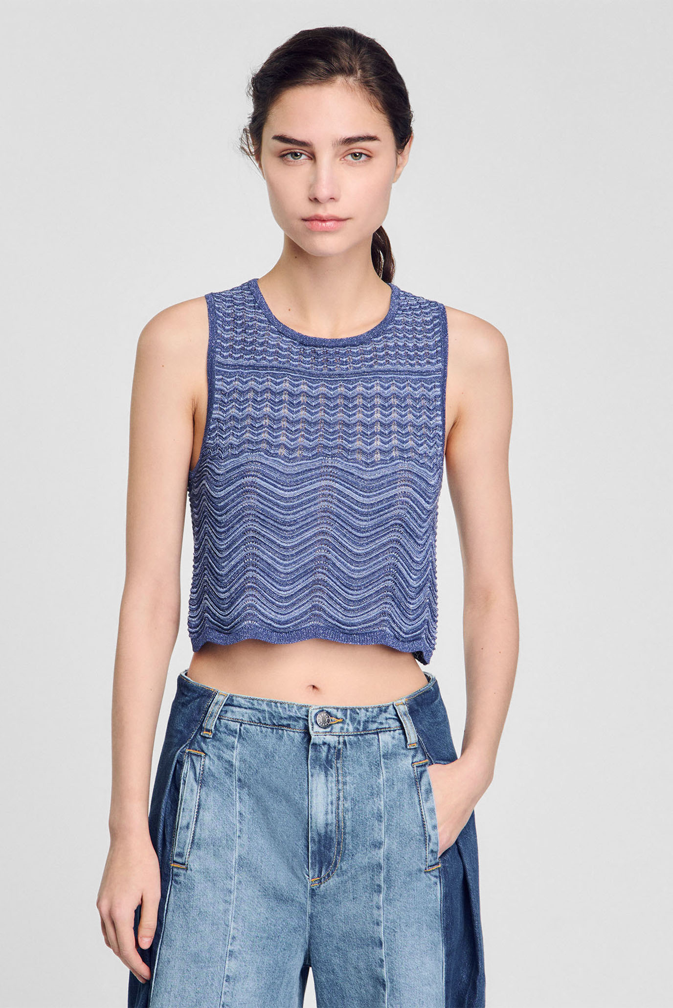 Женский синий топ с узором Синий S Sandro SFPPU02618_Royal Blue Женский синий топ с узором Синий S Sandro SFPPU02618_Royal Blue