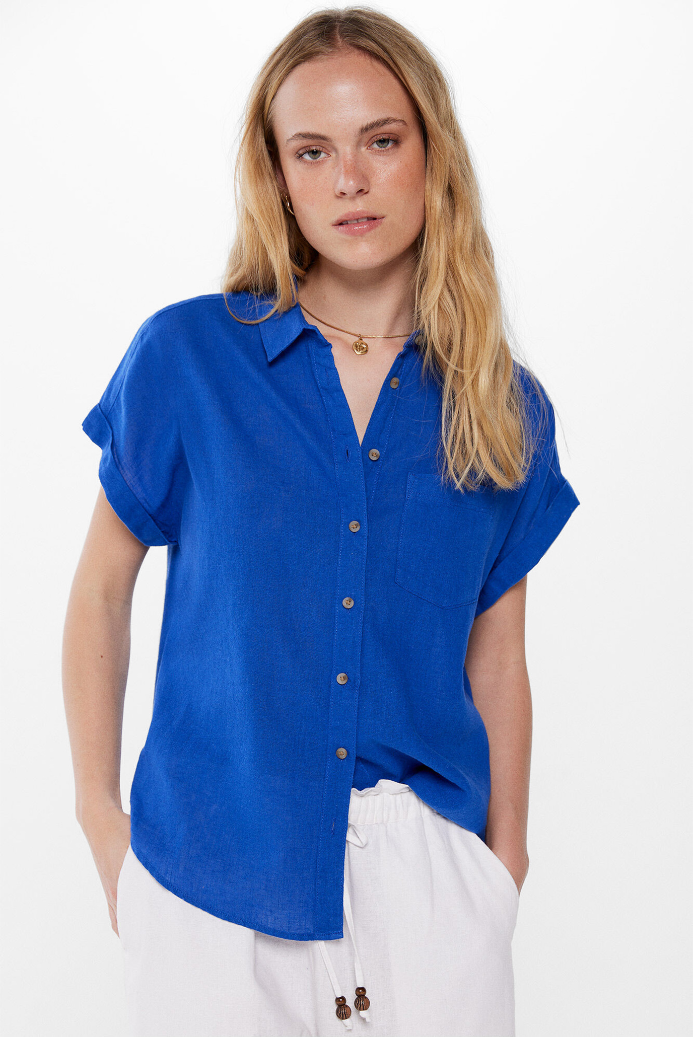Женская синяя льняная блуза 1