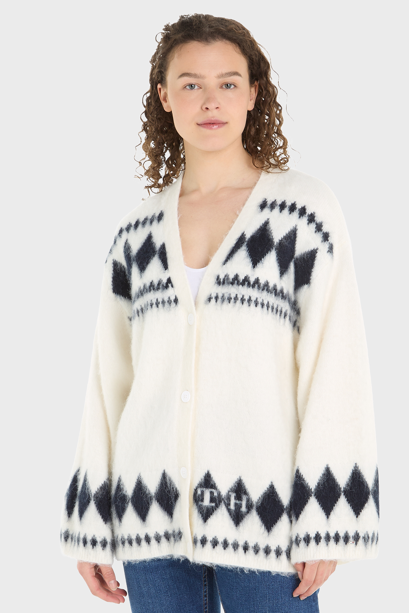 Женский белый кардиган FAIRISLE OVERSIZED V-NK CARDI Белый M Tommy Hilfiger WW0WW40090 Женский белый кардиган FAIRISLE OVERSIZED V-NK CARDI Белый M Tommy Hilfiger WW0WW40090