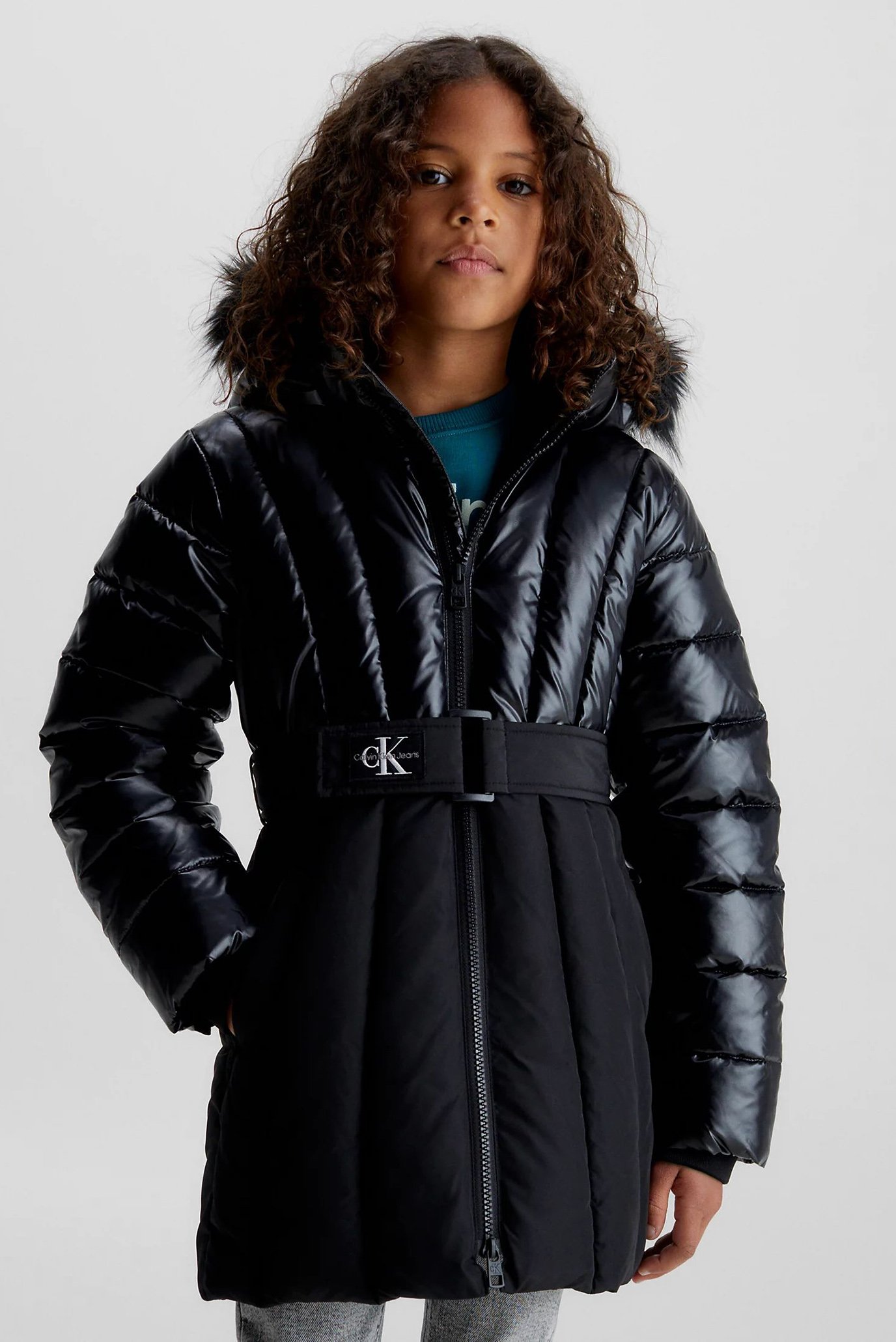 Детская черная куртка LONG BELTED PUFFER COAT 1