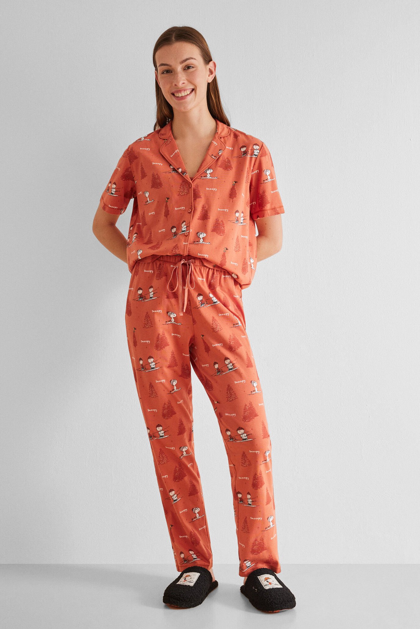 Женская оранжевая пижама с узором (рубашка, брюки) 1