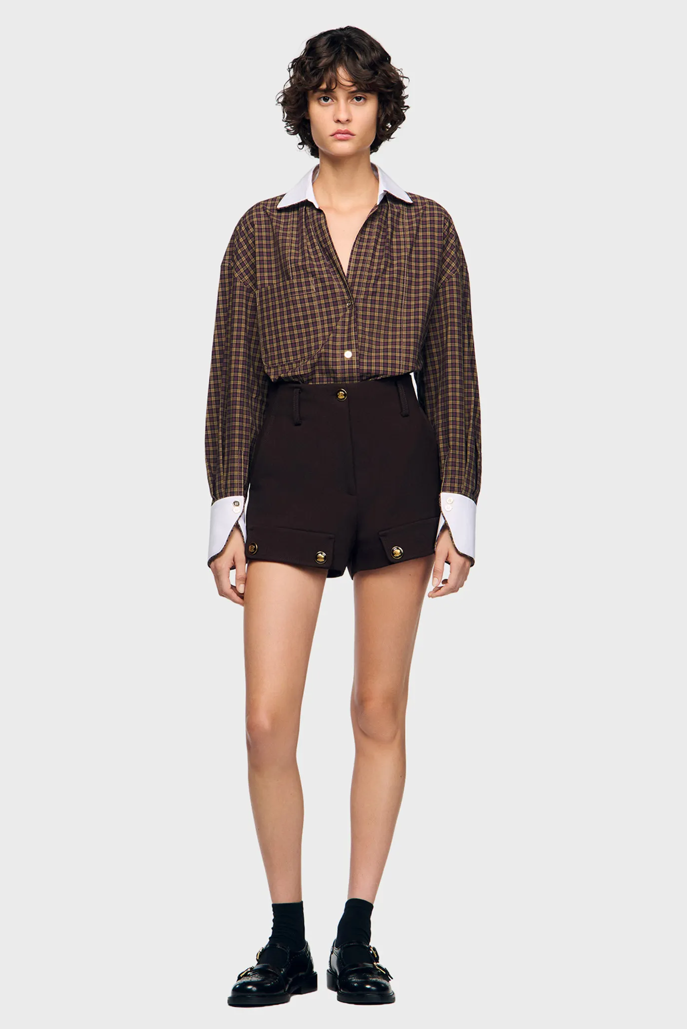 Жіноча коричнева вовняна картата сорочка 2