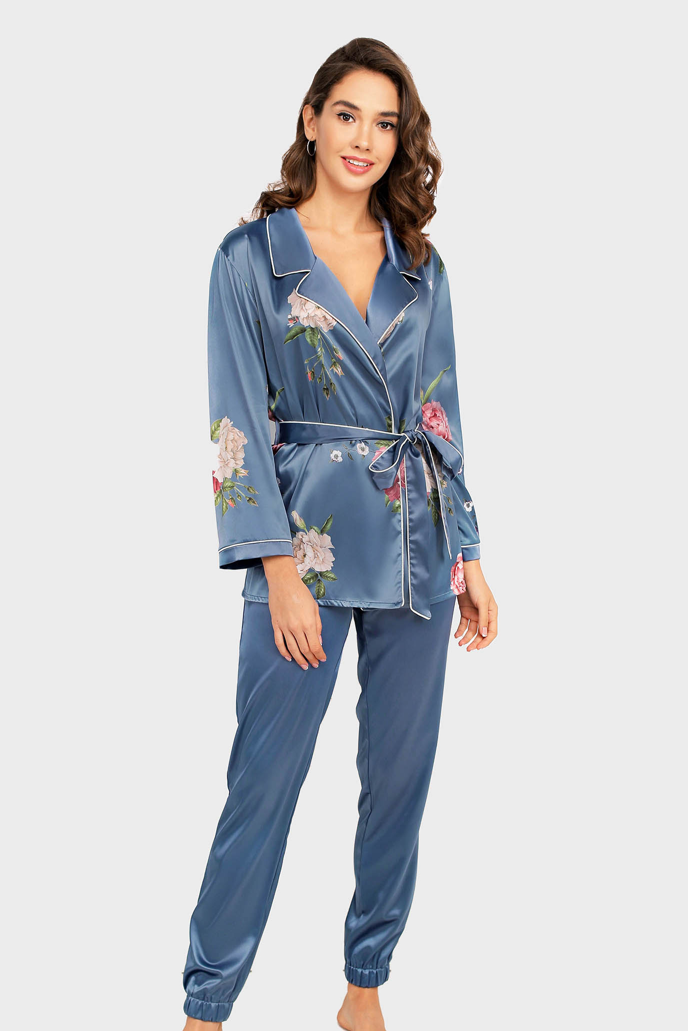 Женская синяя пижама (брюки, кардиган) 1