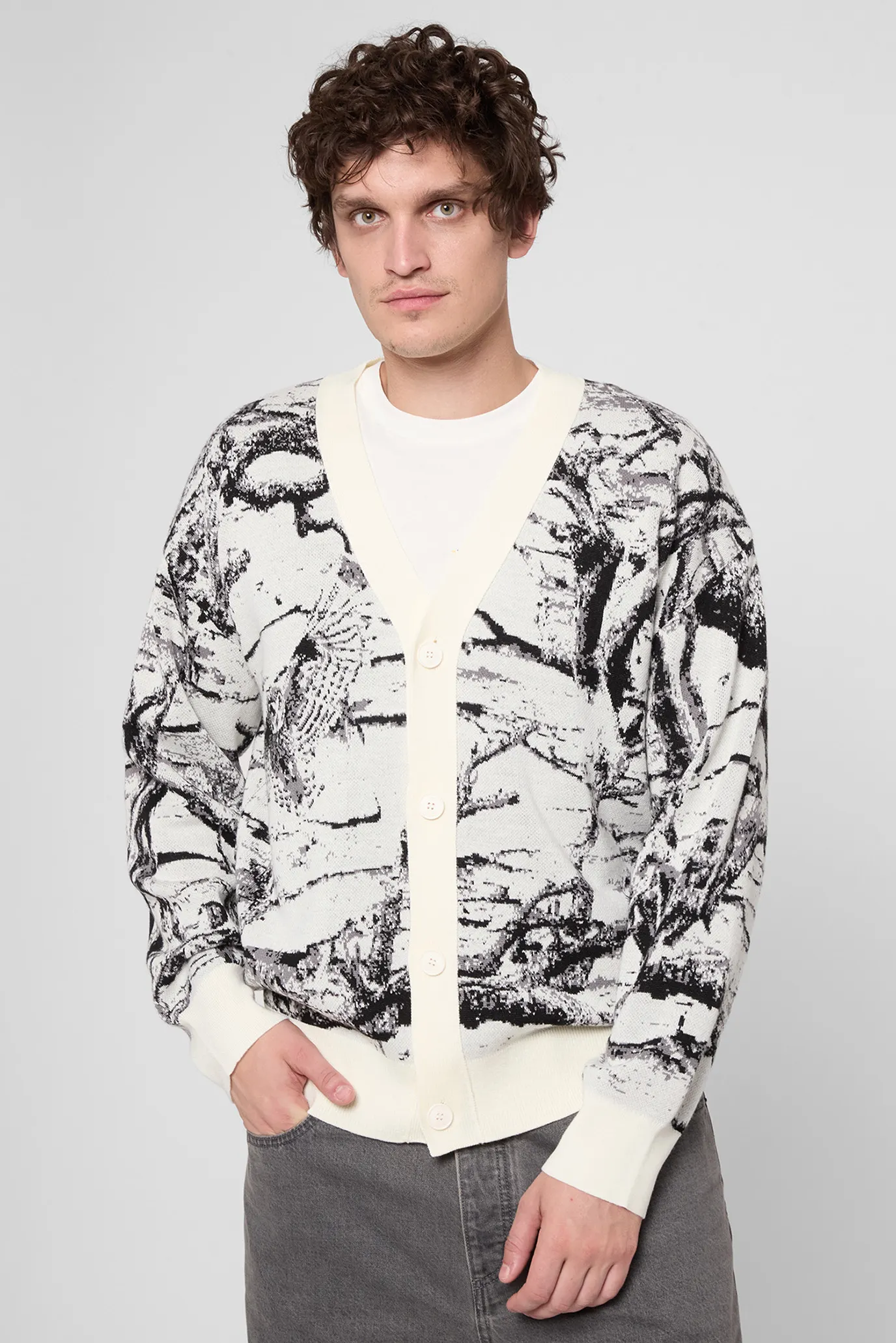 Чоловічий сірий вовняний кардиган з візерунком 1