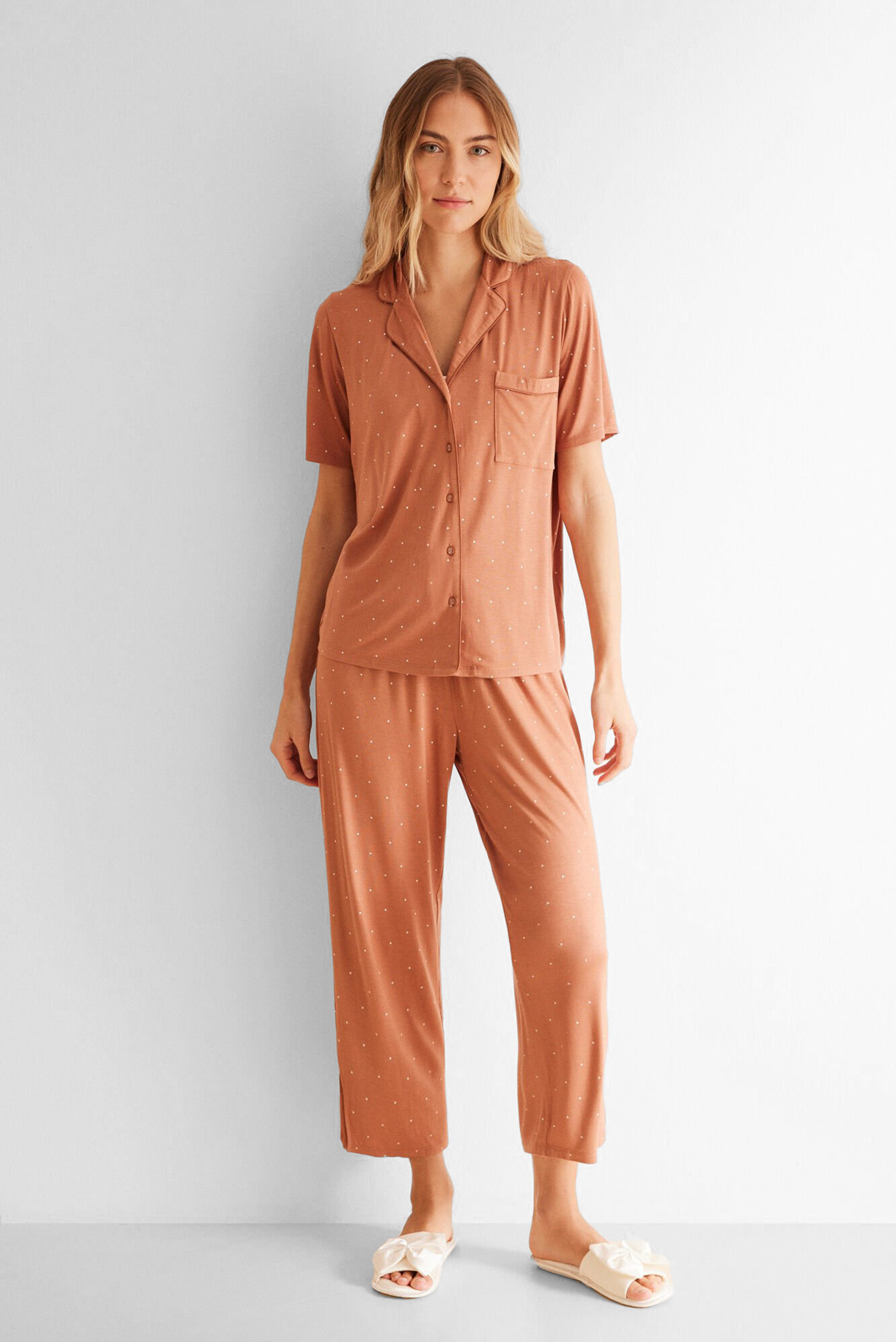Женская терракотовая пижама в горошек (рубашка, брюки) 1