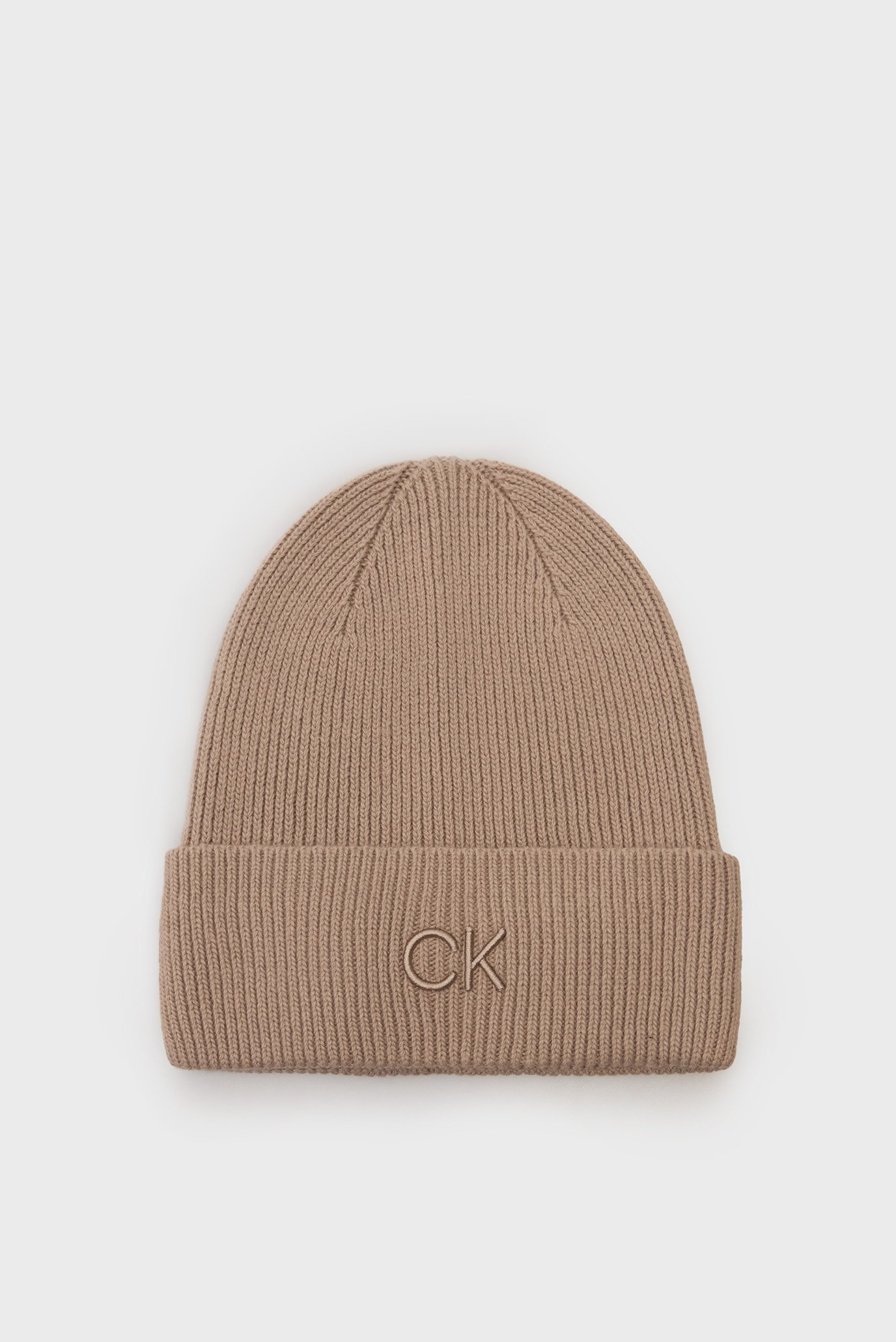 Жіноча бежева шапка CK EMBROIDERY FINE RIB BEANIE 1