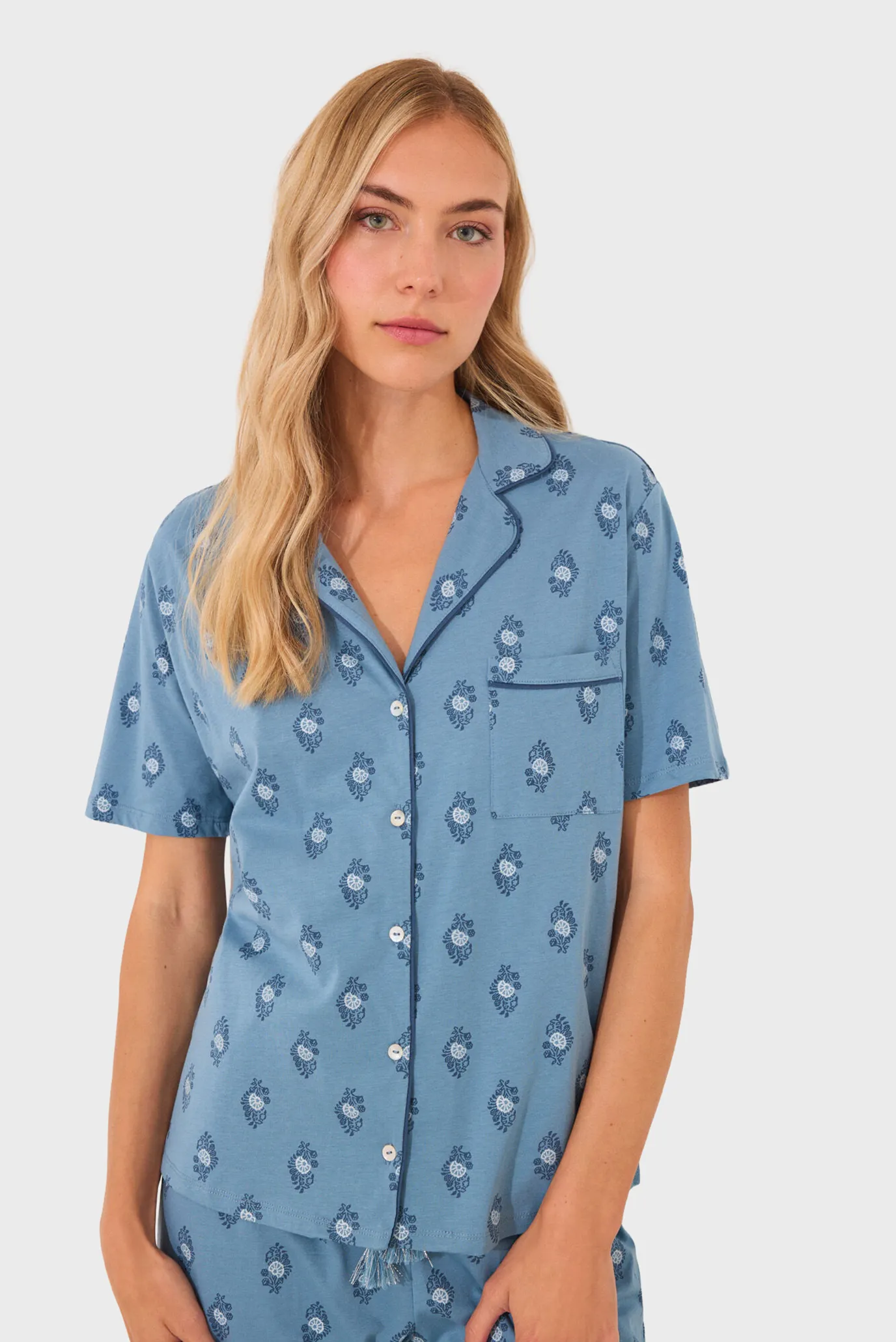 Жіноча синя піжама з візерунком (сорочка, брюки) 2