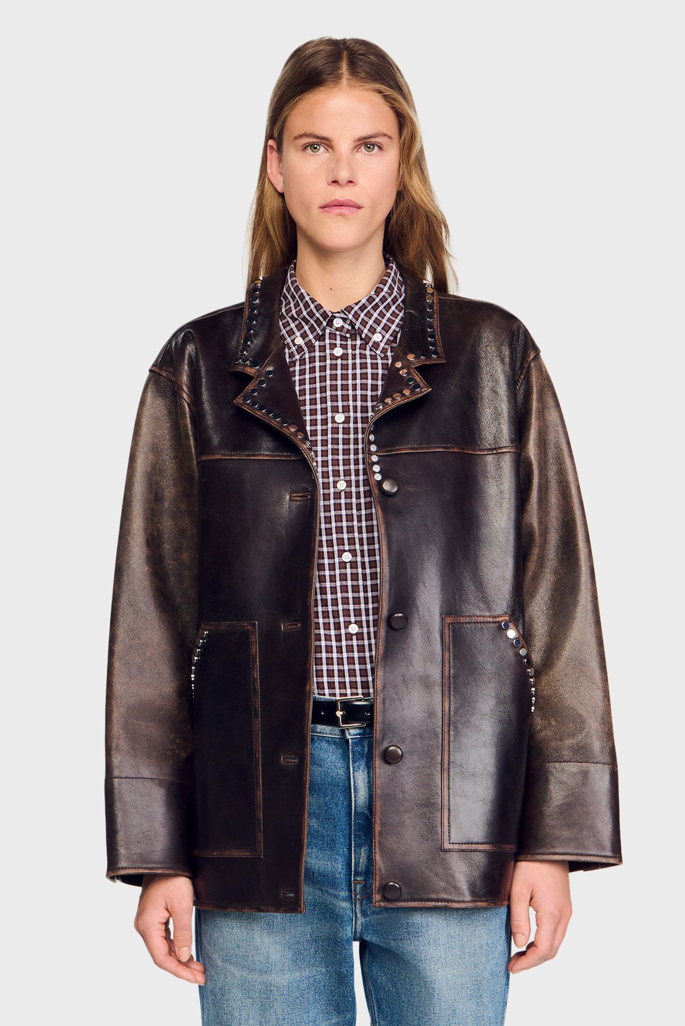 Женская бордовая кожаная куртка Бордовый 38 Sandro SFPBL01172_Brown Женская бордовая кожаная куртка Бордовый 38 Sandro SFPBL01172_Brown