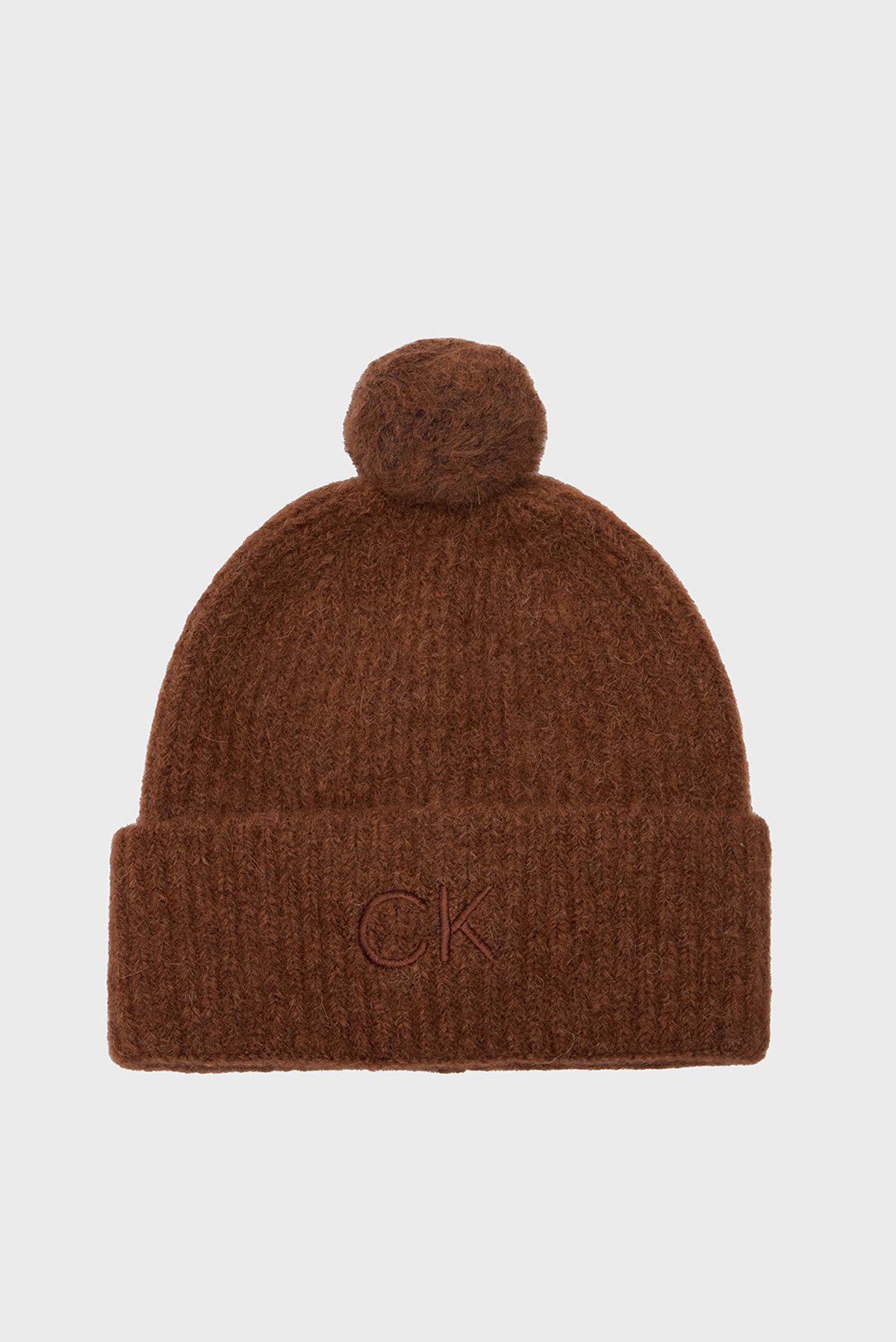 Жіноча коричнева вовняна шапка CK EMBROIDERY AIRY POMPOM BEANIE 1