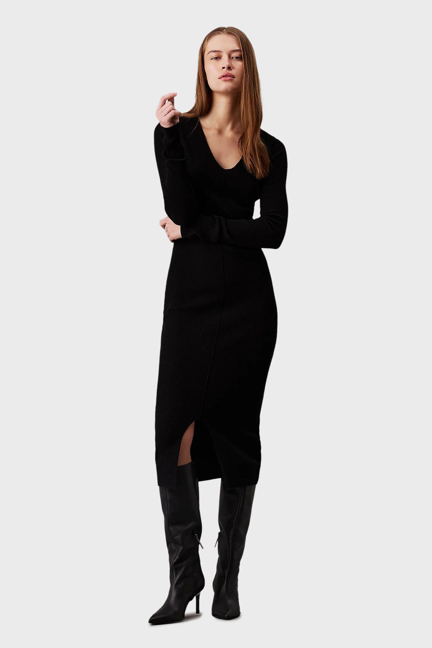 Женское черное шерстяное платье SOFT RIB V-NECK MIDI 1