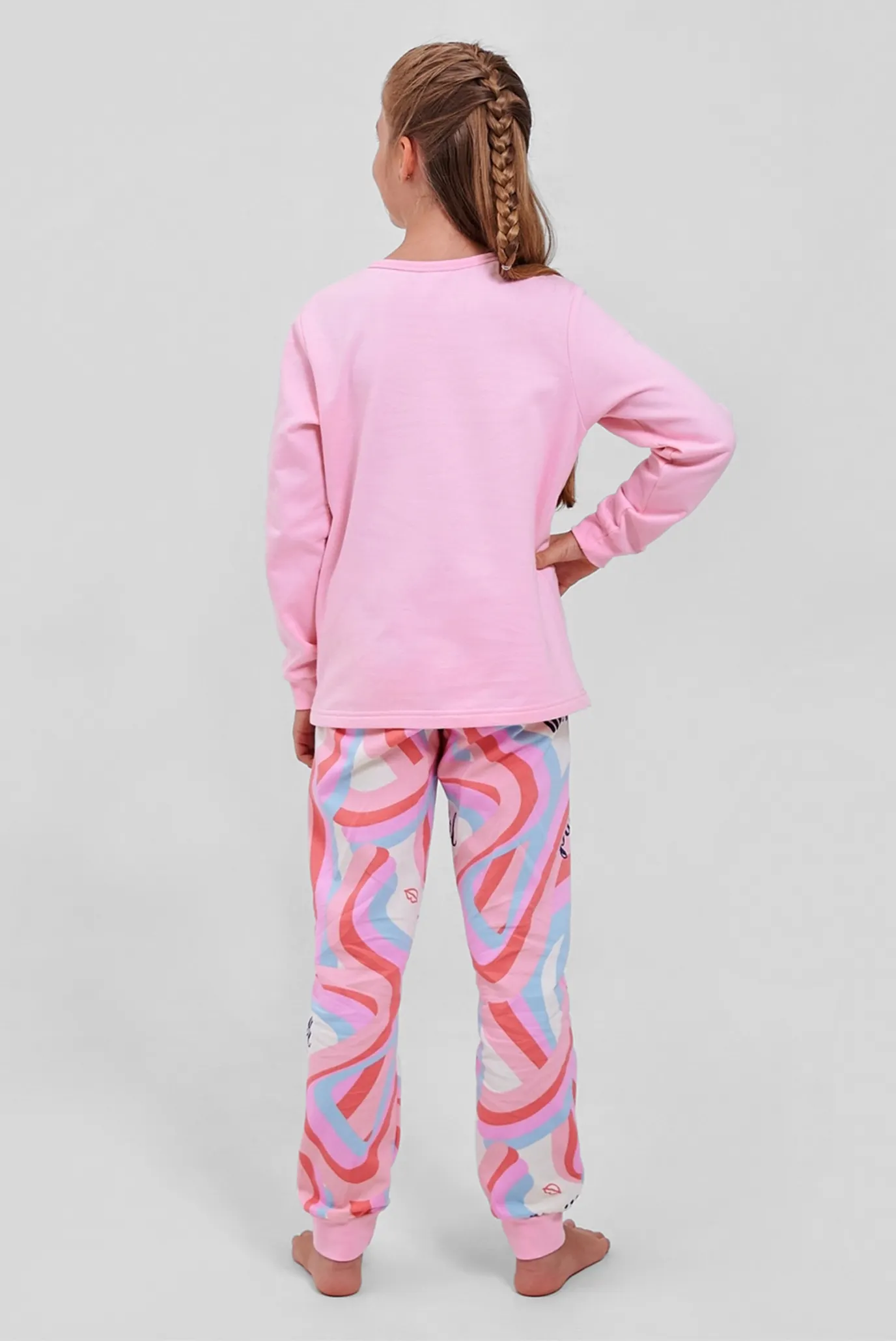 Детская розовая пижама с узором (лонгслив, брюки) 3