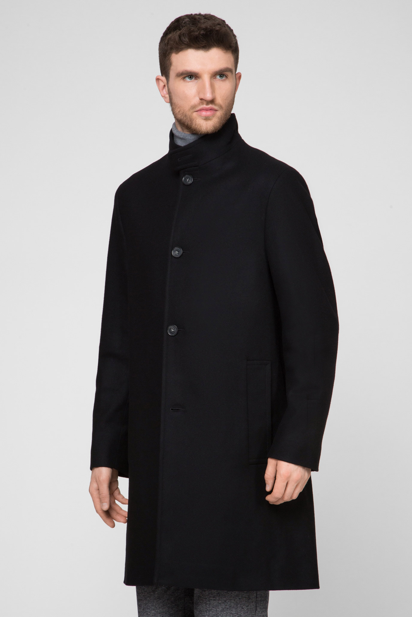 Мужское черное шерстяное пальто WOOL CASHMERE BLEND FUNNEL 1