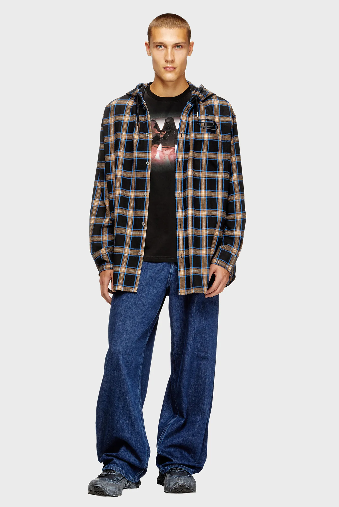 Мужское черное худи в клетку S-DEWNY-HOOD-AJFI 2